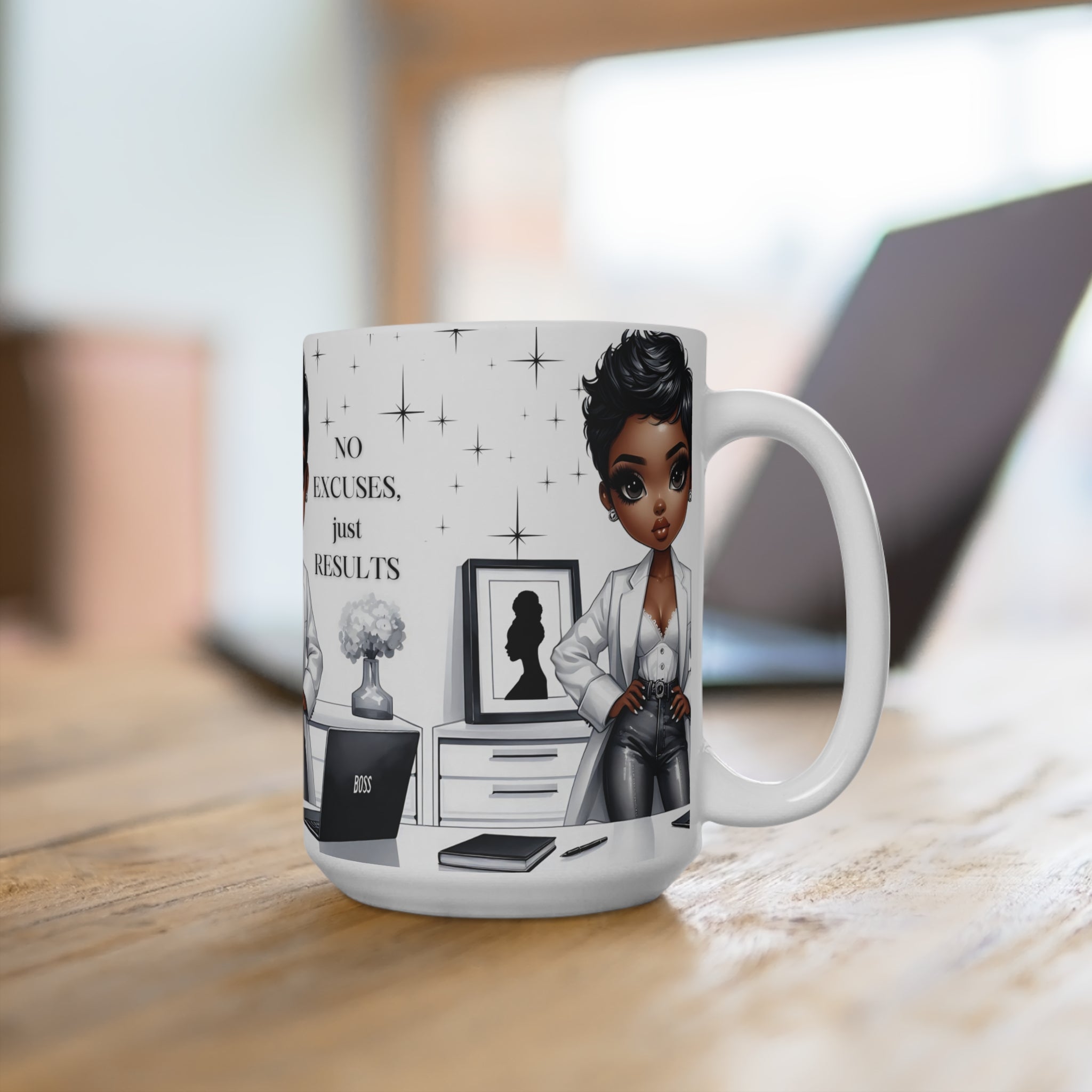 15oz Mug — 'No Excuses Just Results' Boss Lady Coffee Mug (Black Woman Entrepreneur)