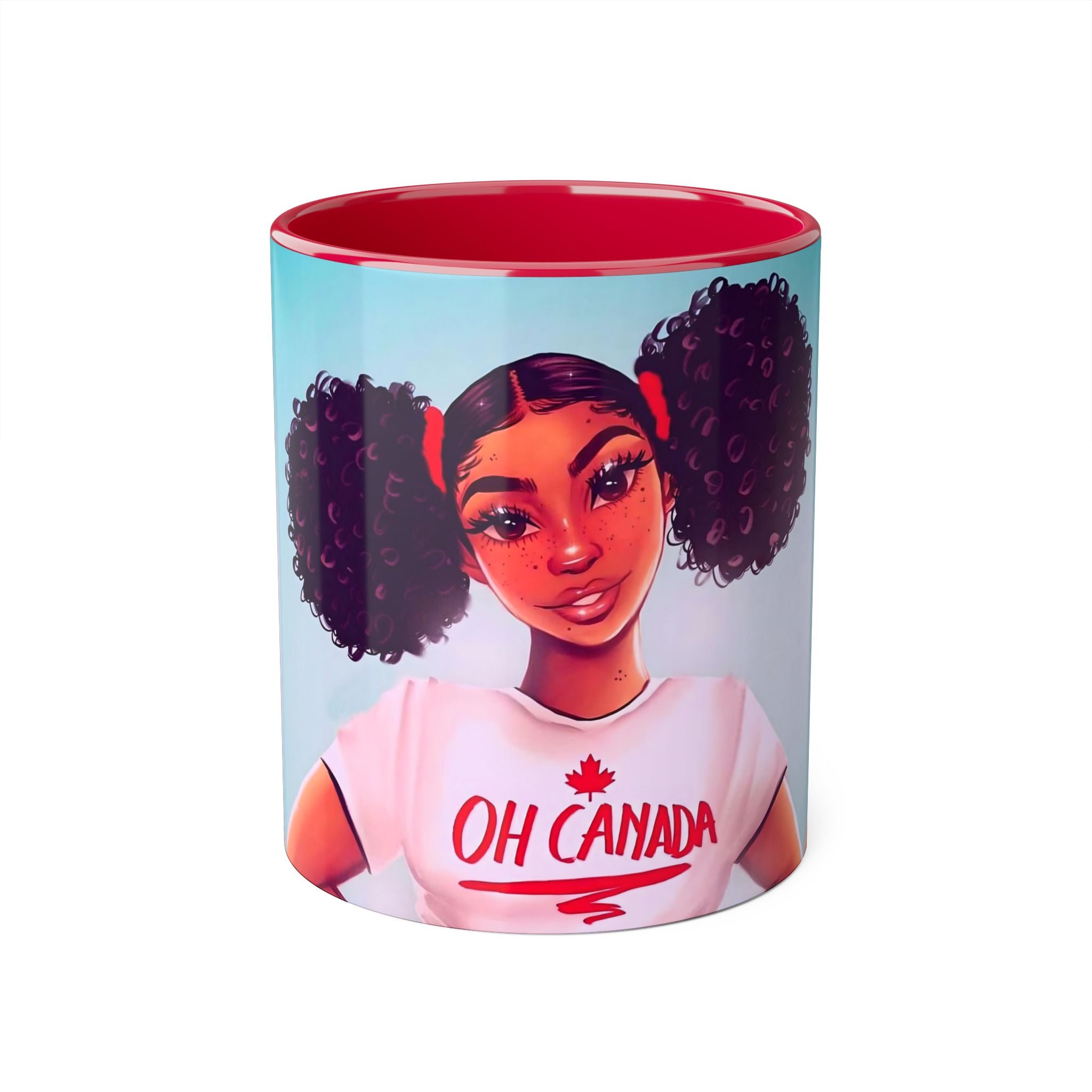Canada Girl Accent Mug — "Oh Canada" Afro Puff Illustration, Canada Day, Mug Gift 11oz
