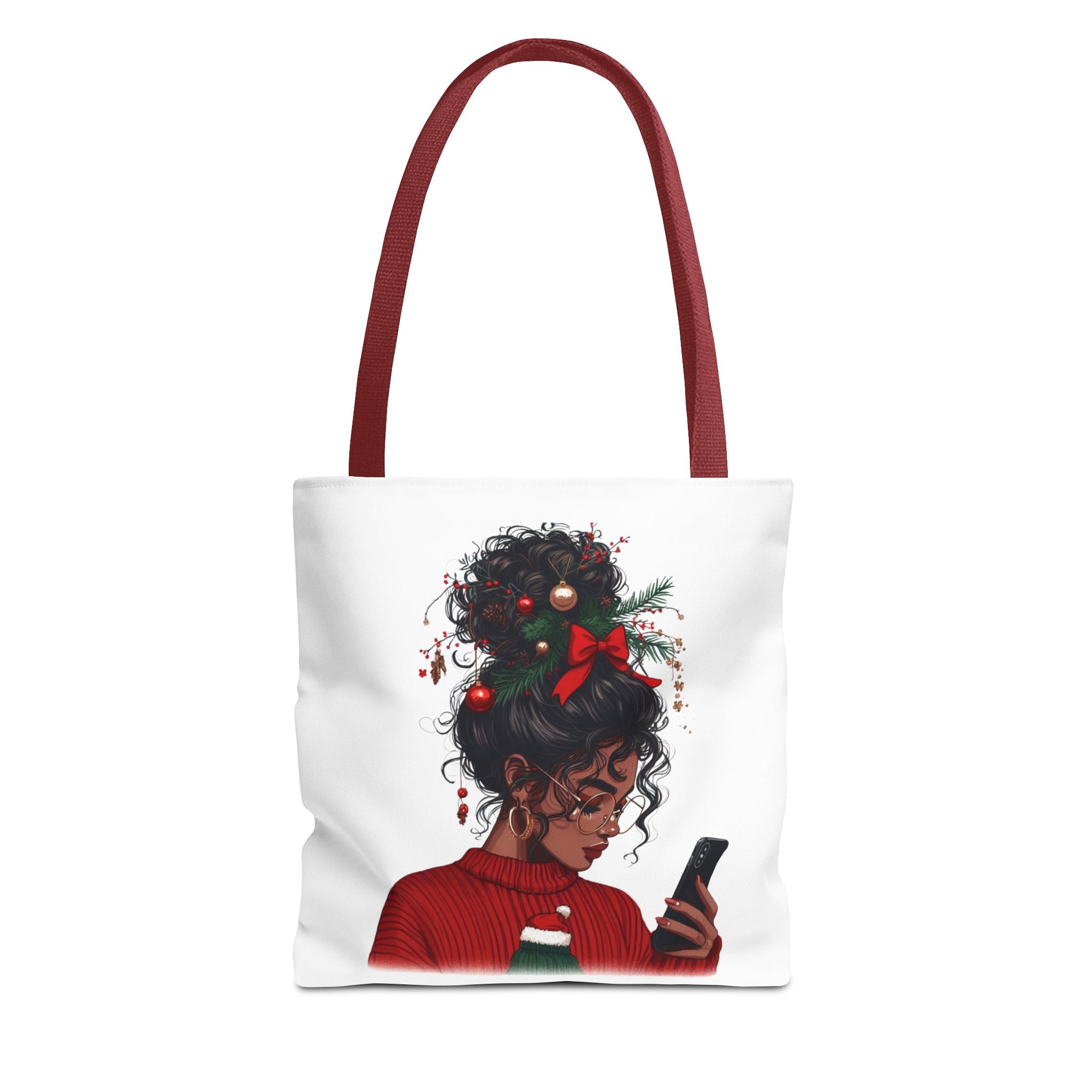 Christmas Hair Bun Tote Bag — Black Woman with Festive Ornaments & Red Sweater