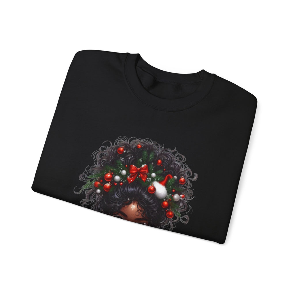 Black Woman with Curly Hair and Holiday Berries Sweatshirt