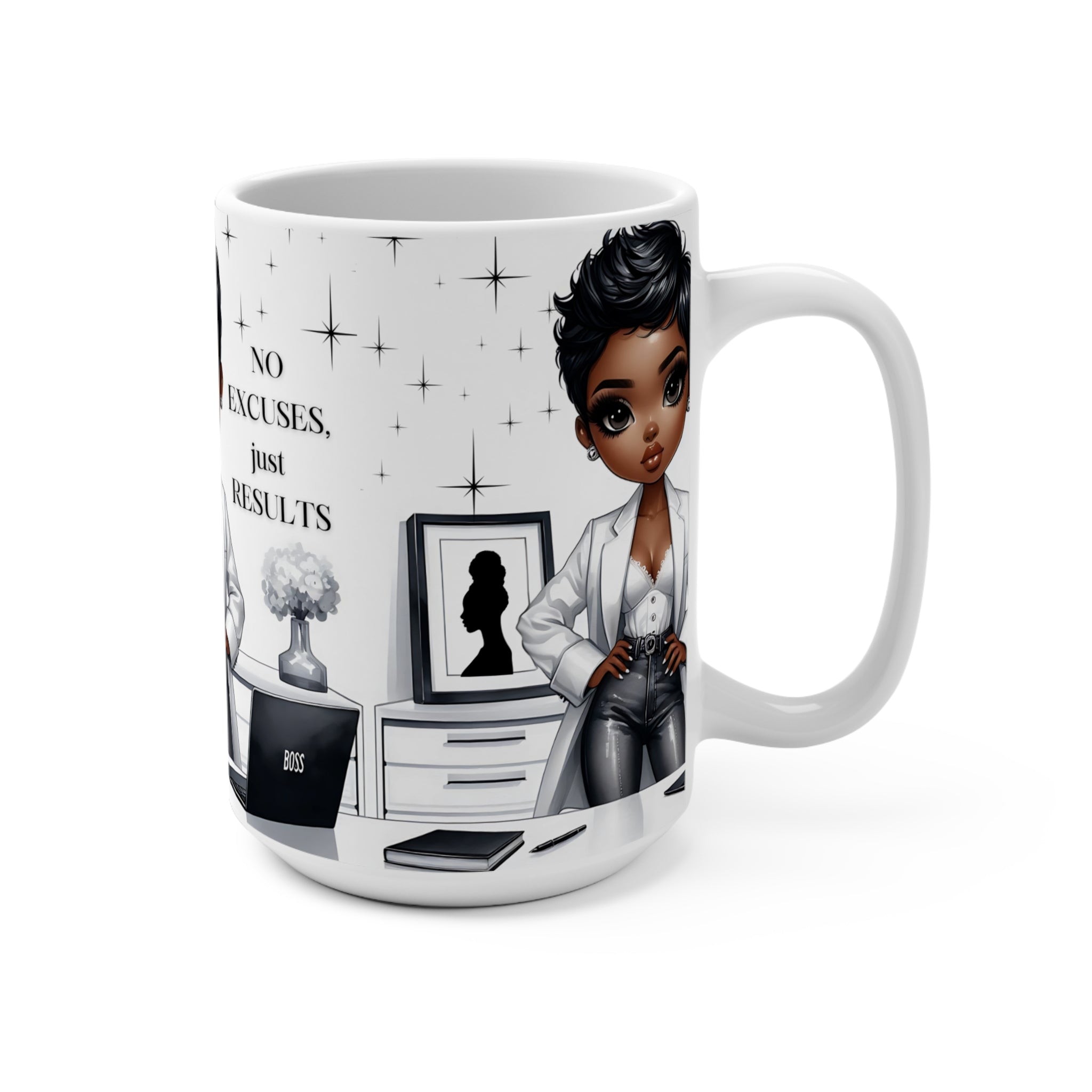 15oz Mug — 'No Excuses Just Results' Boss Lady Coffee Mug (Black Woman Entrepreneur)