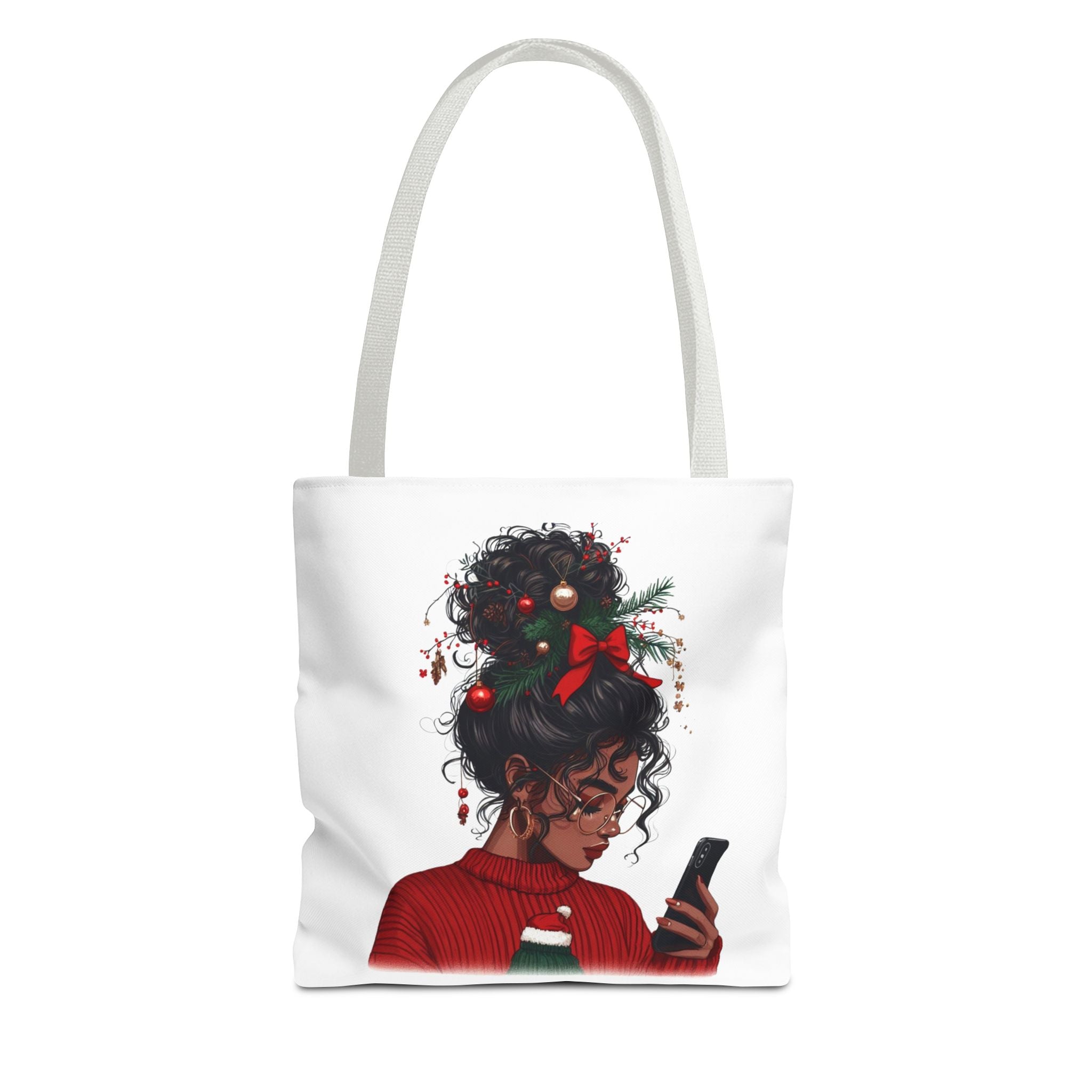 Christmas Hair Bun Tote Bag — Black Woman with Festive Ornaments & Red Sweater