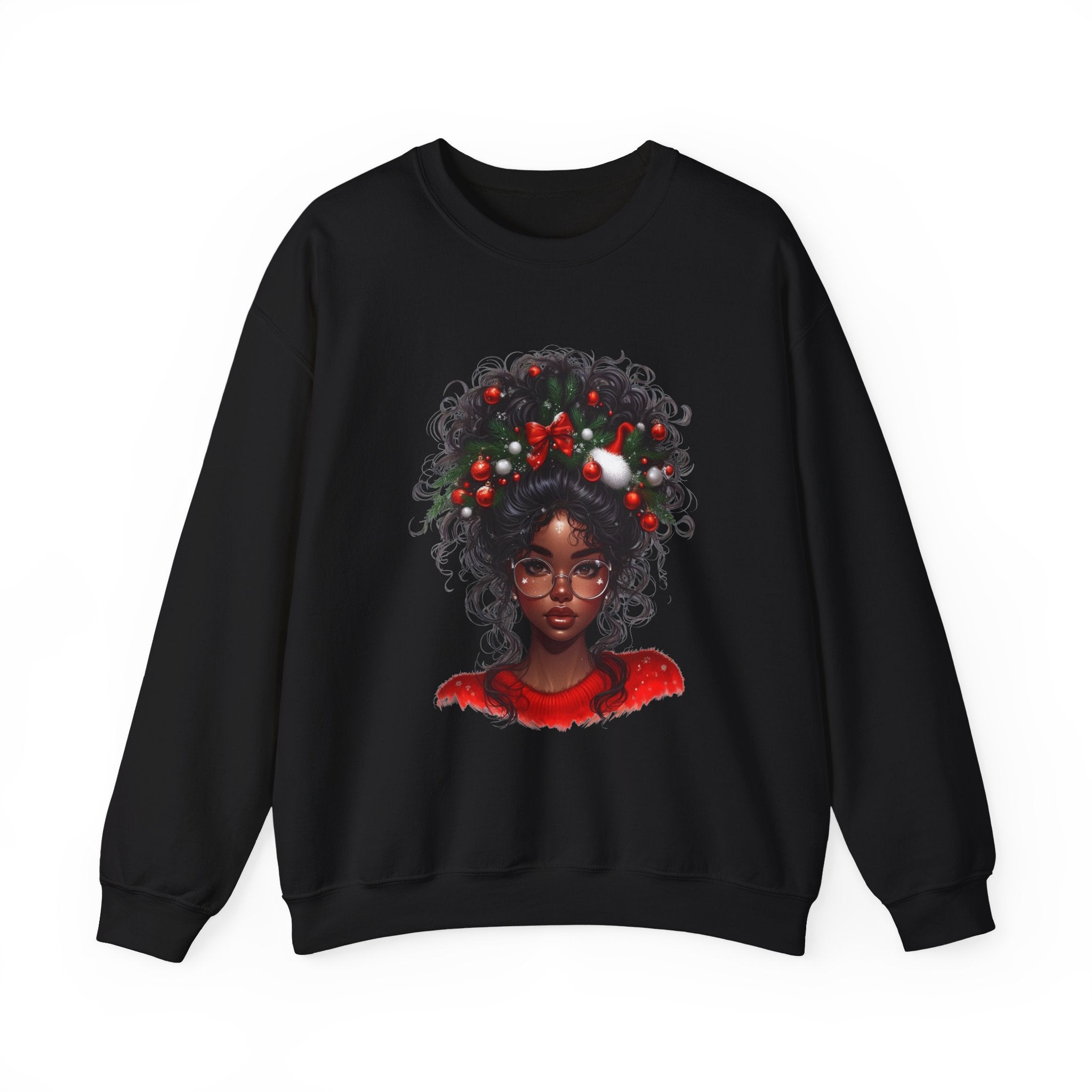 Black Woman with Curly Hair and Holiday Berries Sweatshirt