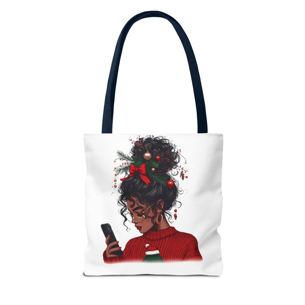 Christmas Hair Bun Tote Bag — Black Woman with Festive Ornaments & Red Sweater