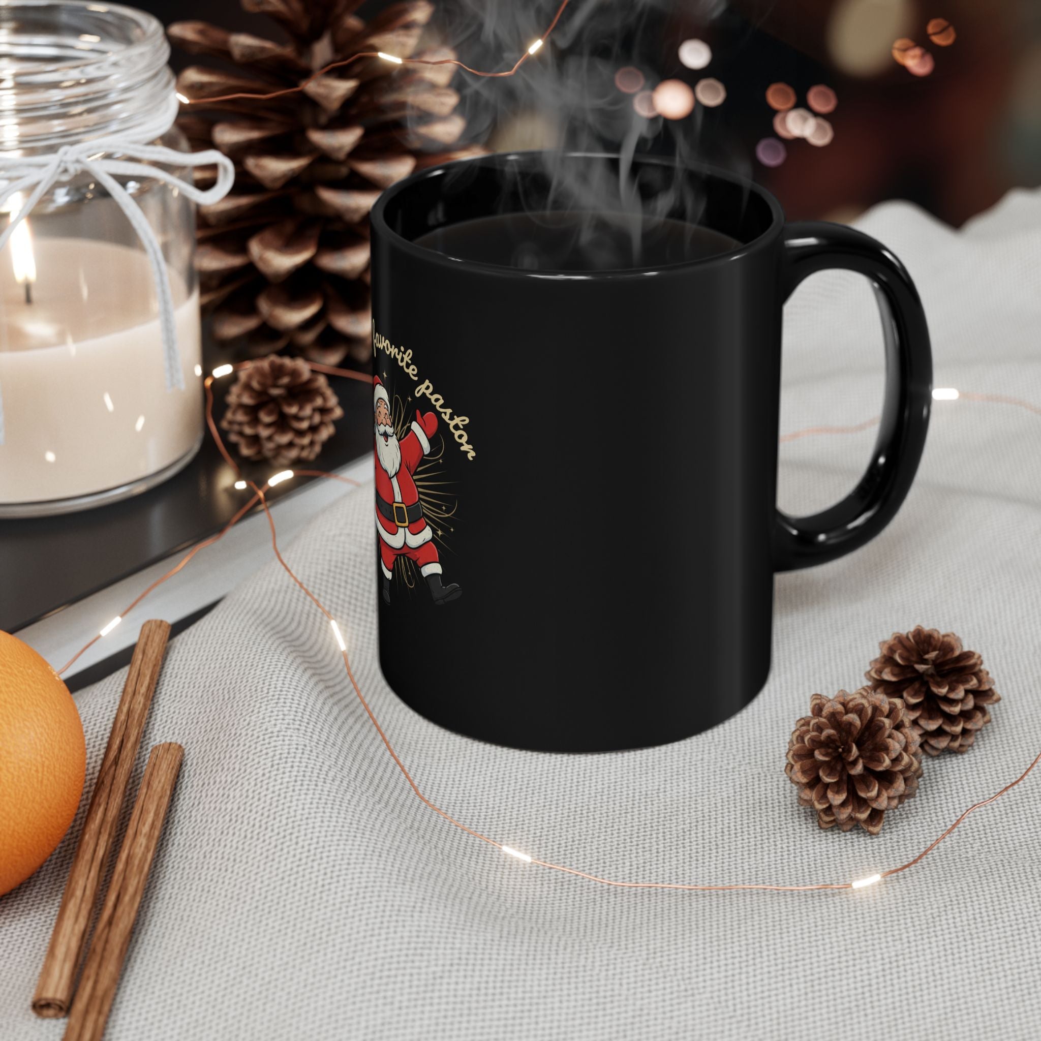 Santa’s Favorite Pastor Christmas Mug — Black Holiday Coffee Cup (11oz, 15oz)