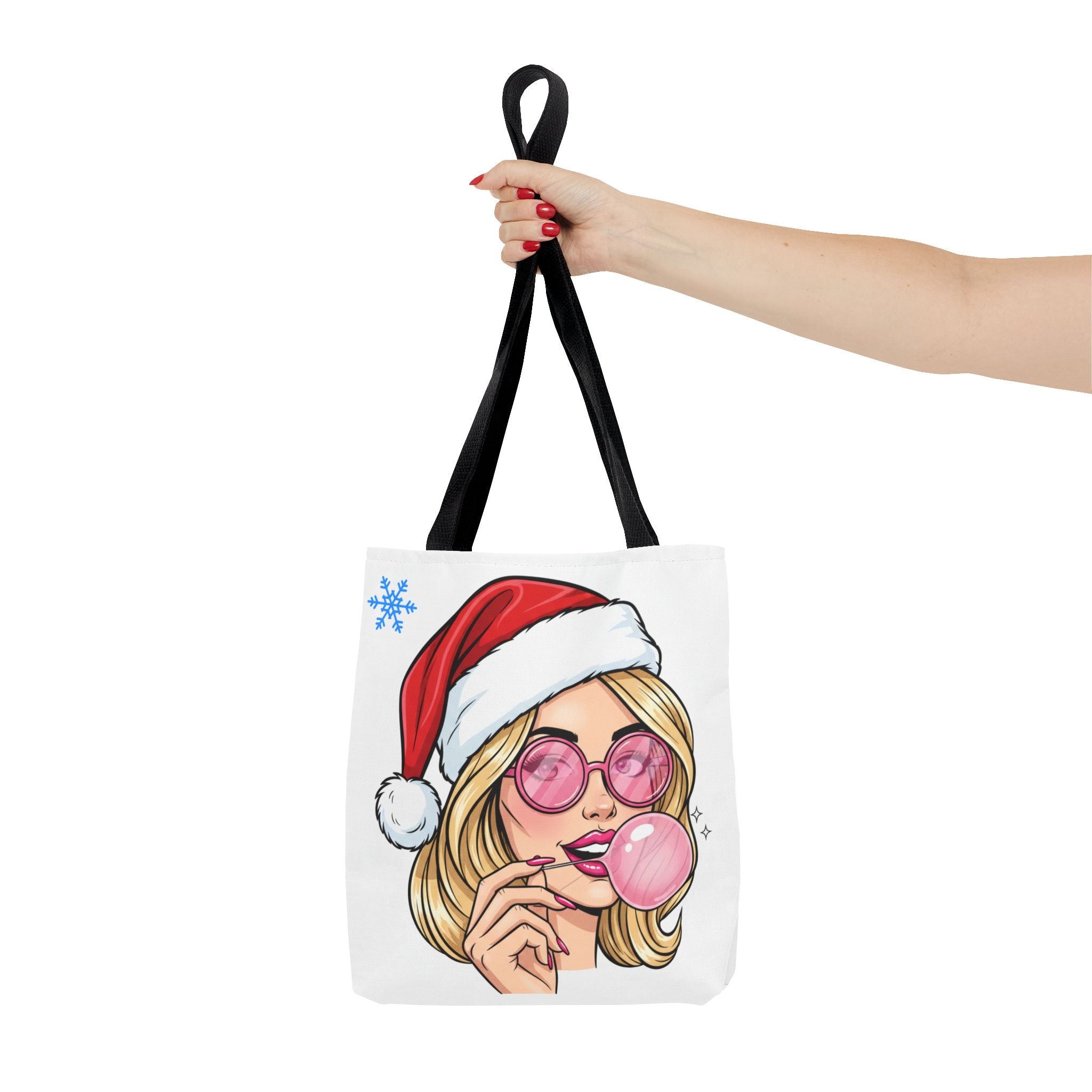 Christmas Babe Tote Bag — Retro Girl in Santa Hat with Bubblegum
