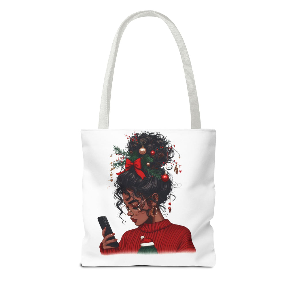 Christmas Hair Bun Tote Bag — Black Woman with Festive Ornaments & Red Sweater