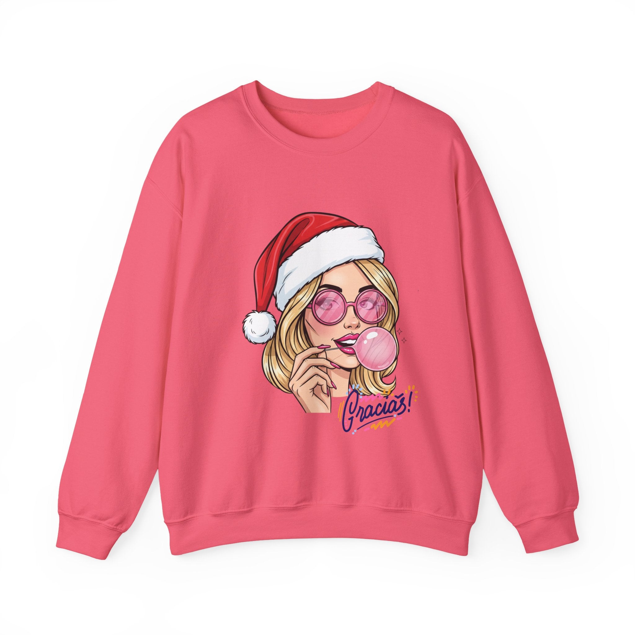 Bubblegum Girl in Santa Hat Crewneck Sweatshirt | Christmas Pop Art