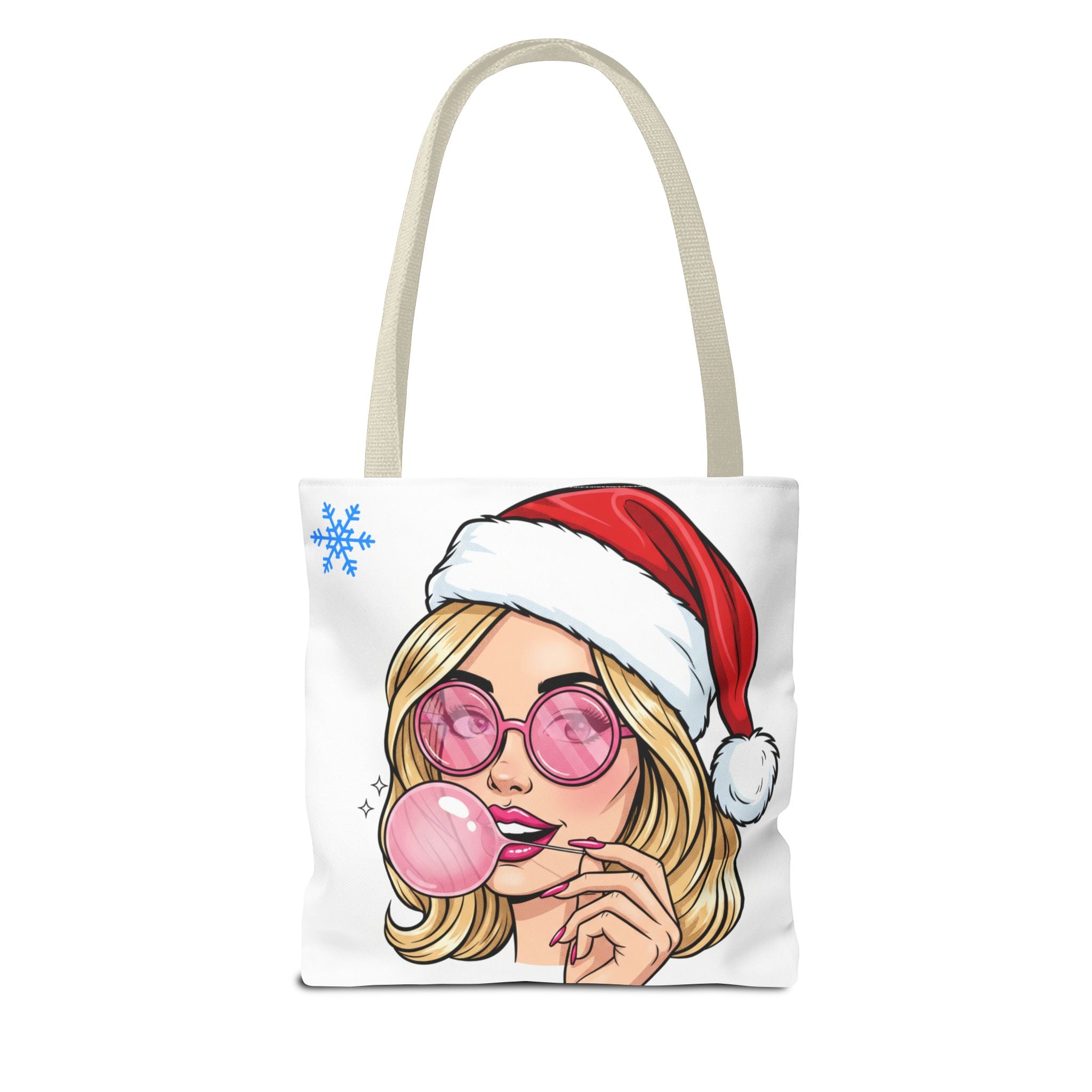 Christmas Babe Tote Bag — Retro Girl in Santa Hat with Bubblegum