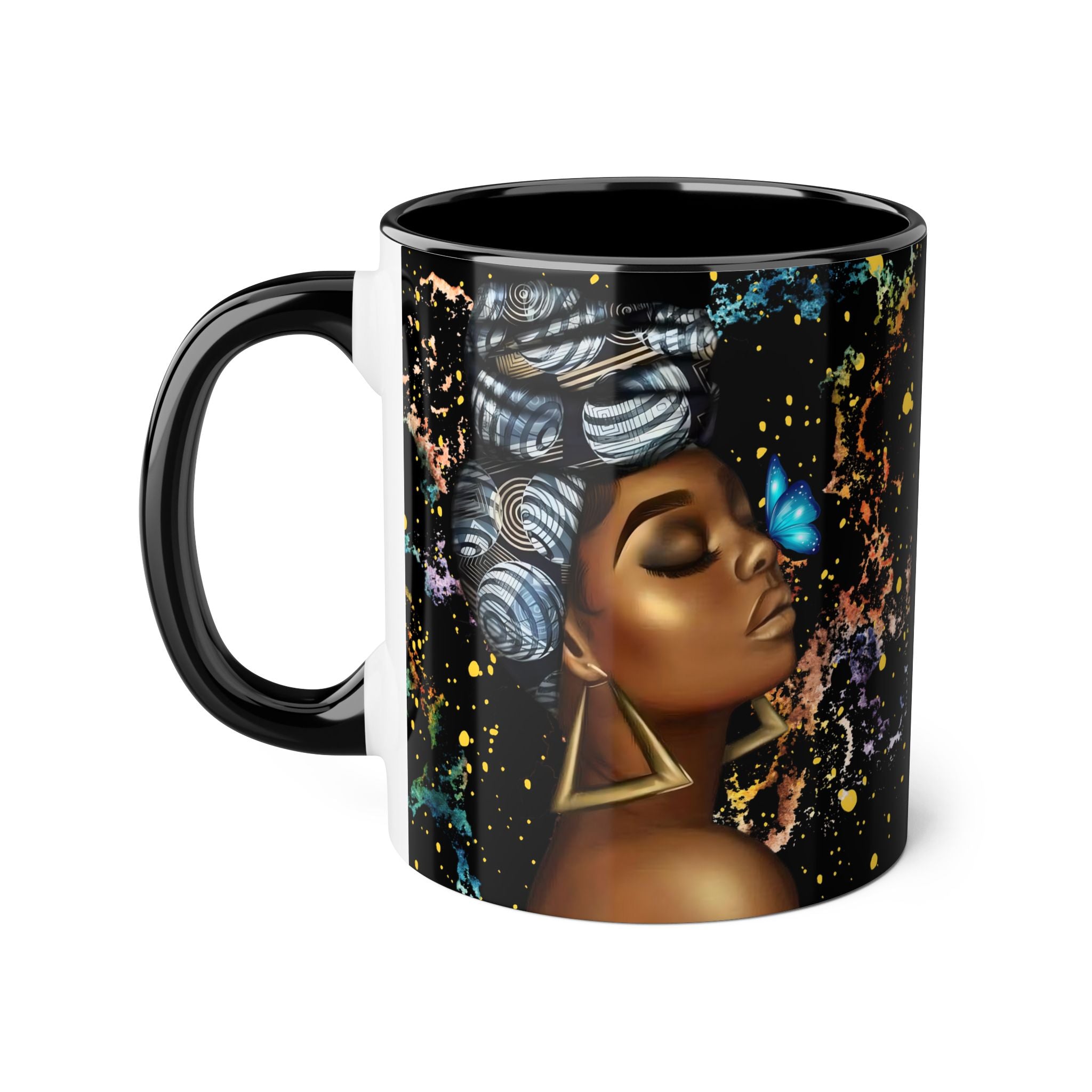 Black Butterfly Goddess Accent Mug — 11oz Ceramic Coffee Cup for Women