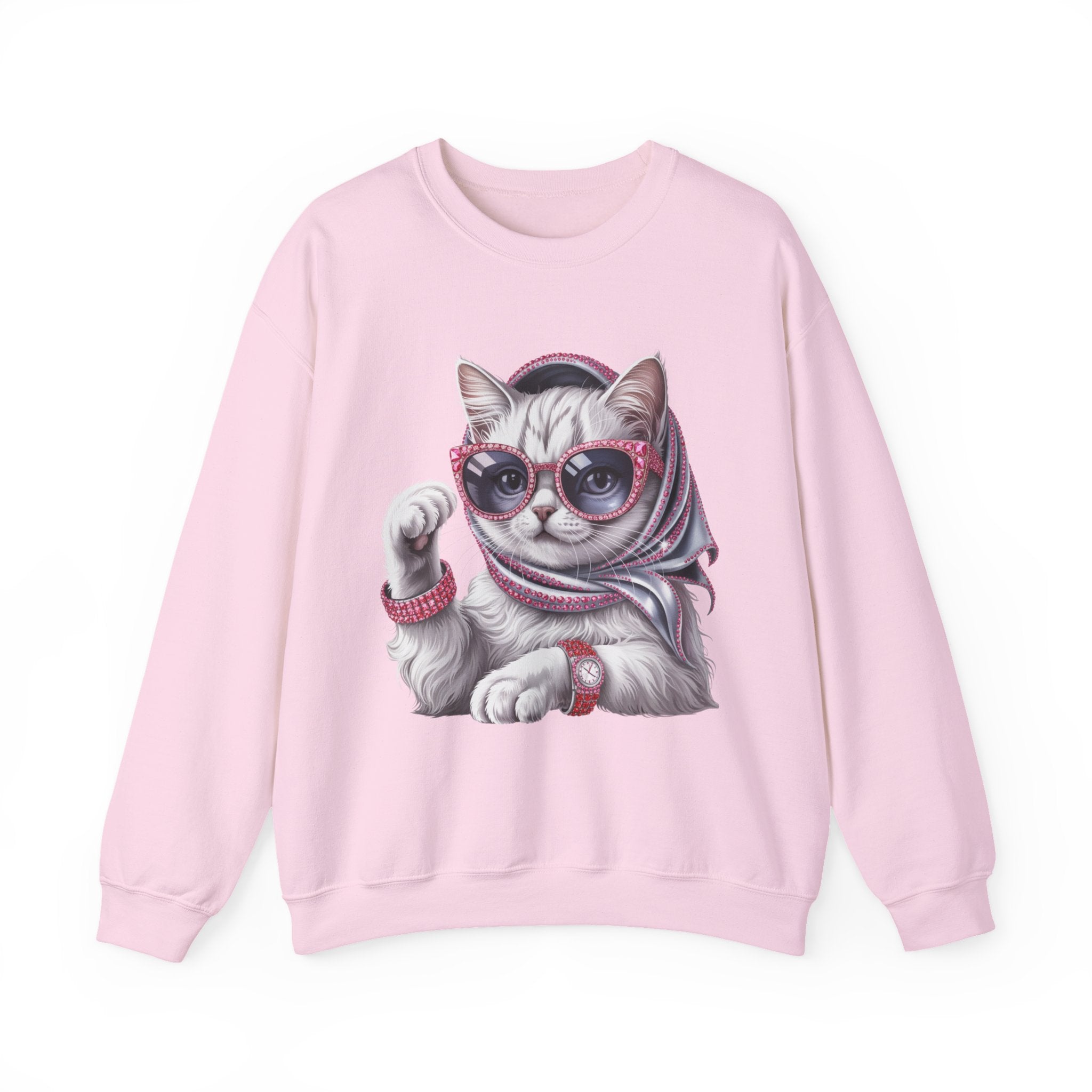 Retro Chic Cat Crewneck Sweatshirt — Stylish Sunglasses & Scarf Cat Graphic