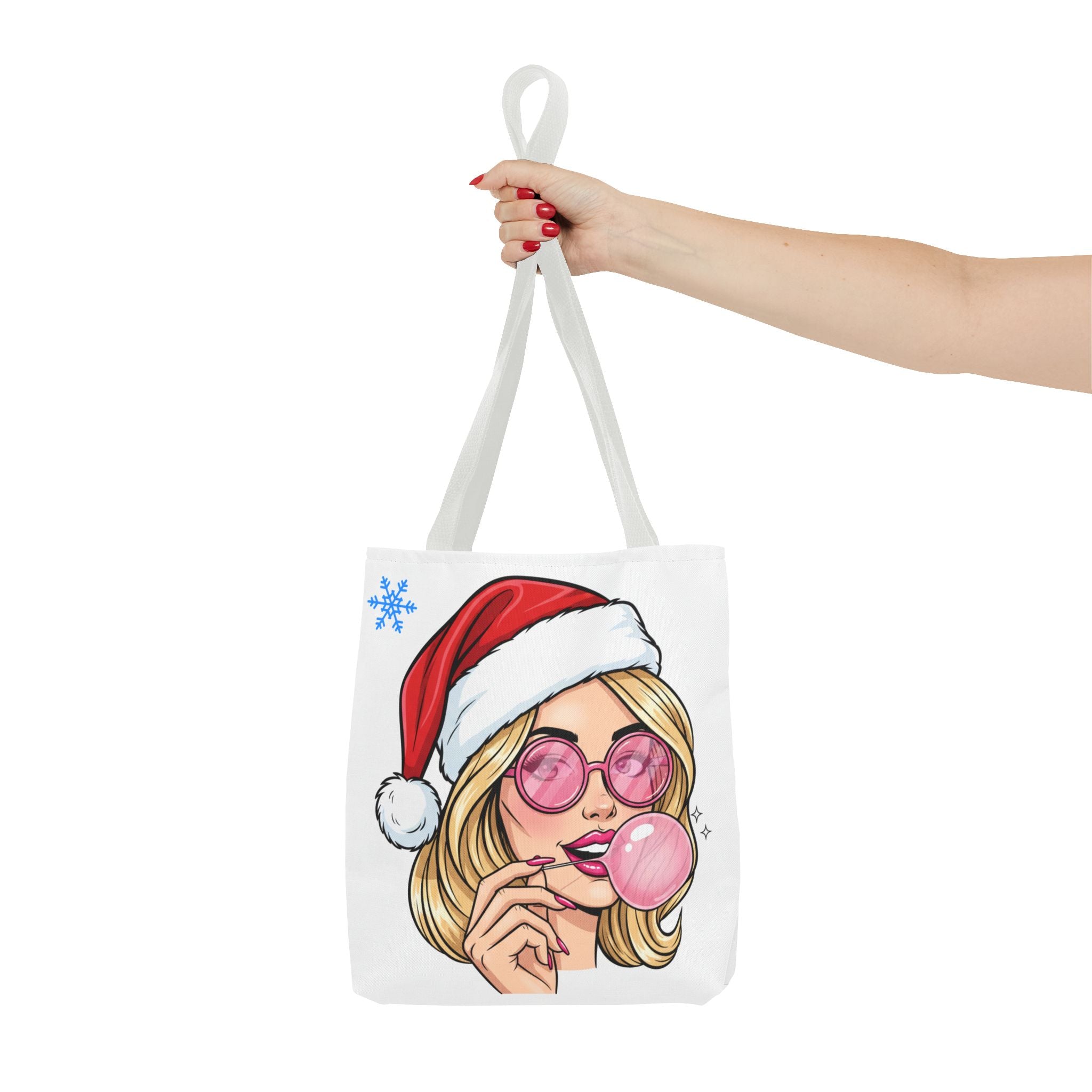 Christmas Babe Tote Bag — Retro Girl in Santa Hat with Bubblegum