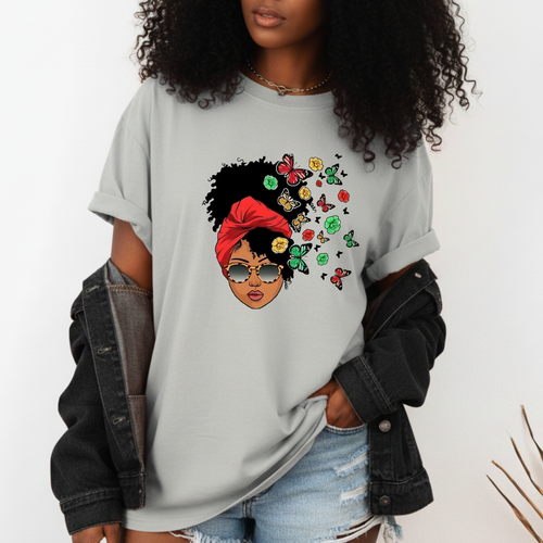 Afro Chic Floral V-Neck Tee – Black Woman Graphic Shirt, Melanin Queen Afrocentric Top, Boho Floral T-Shirt, Empowerment Gift for Her