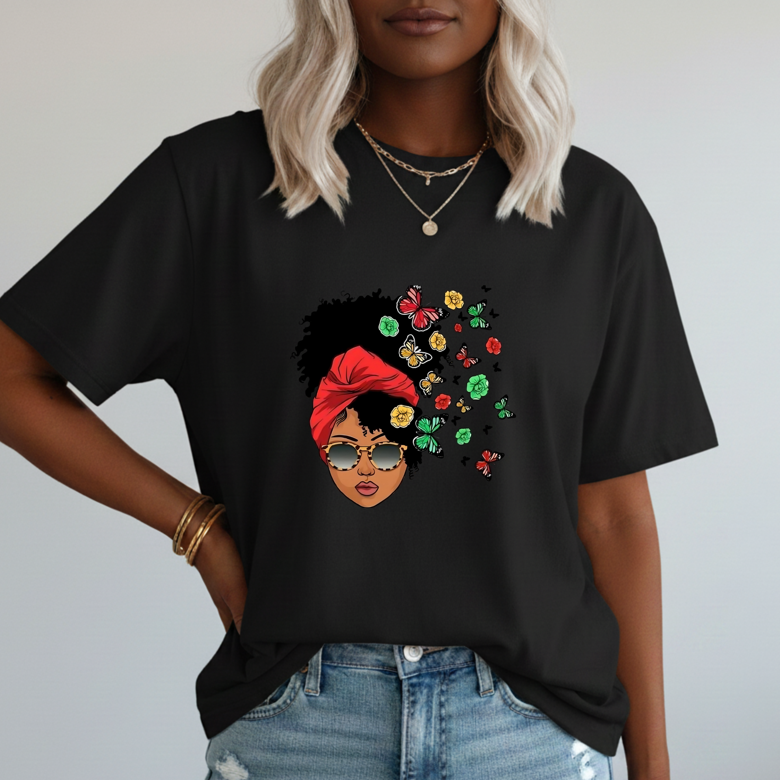 Afro Chic Floral V-Neck Tee – Black Woman Graphic Shirt, Melanin Queen Afrocentric Top, Boho Floral T-Shirt, Empowerment Gift for Her