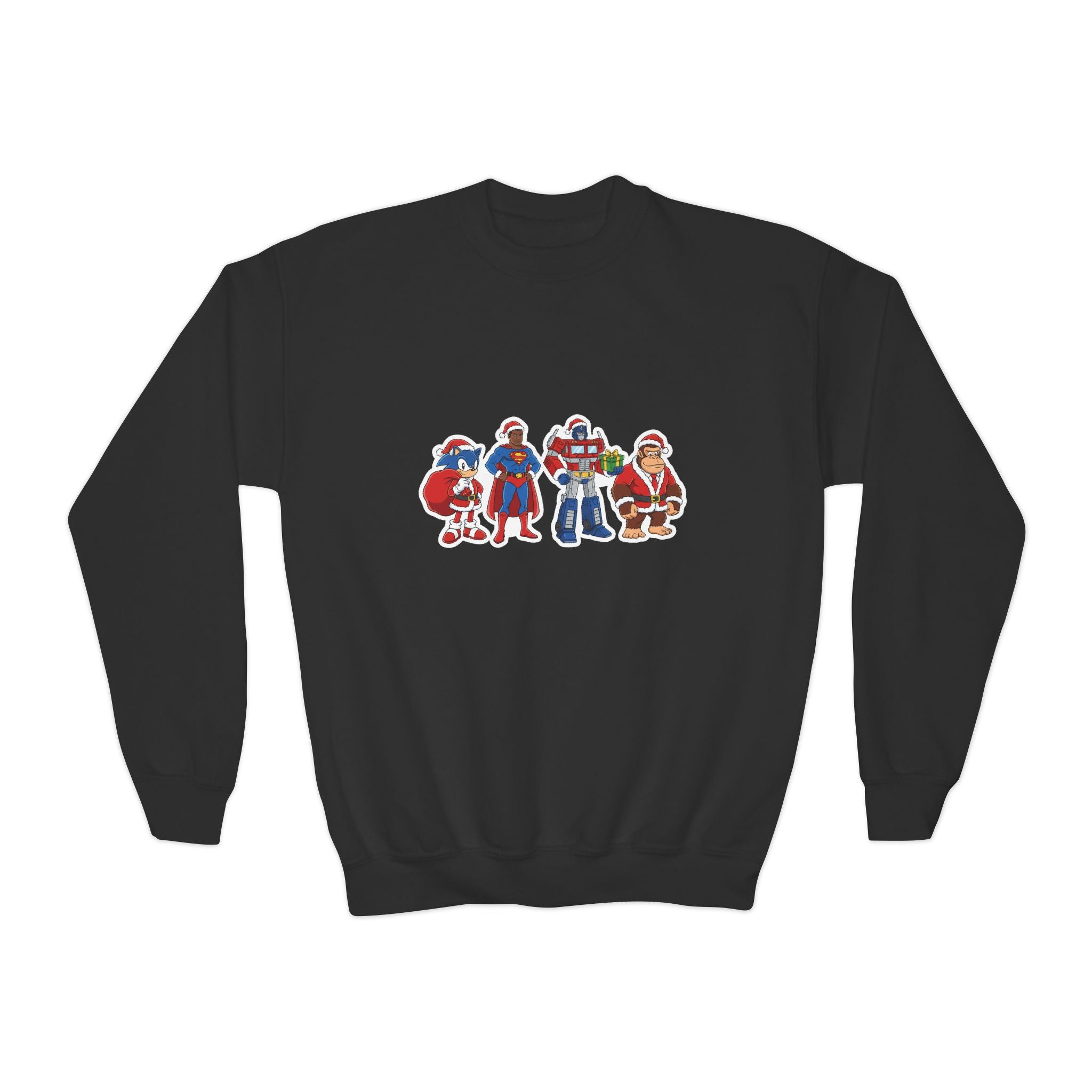 Youth Crewneck Sweatshirt — Cute Cartoon Santa & Friends Holiday Graphic