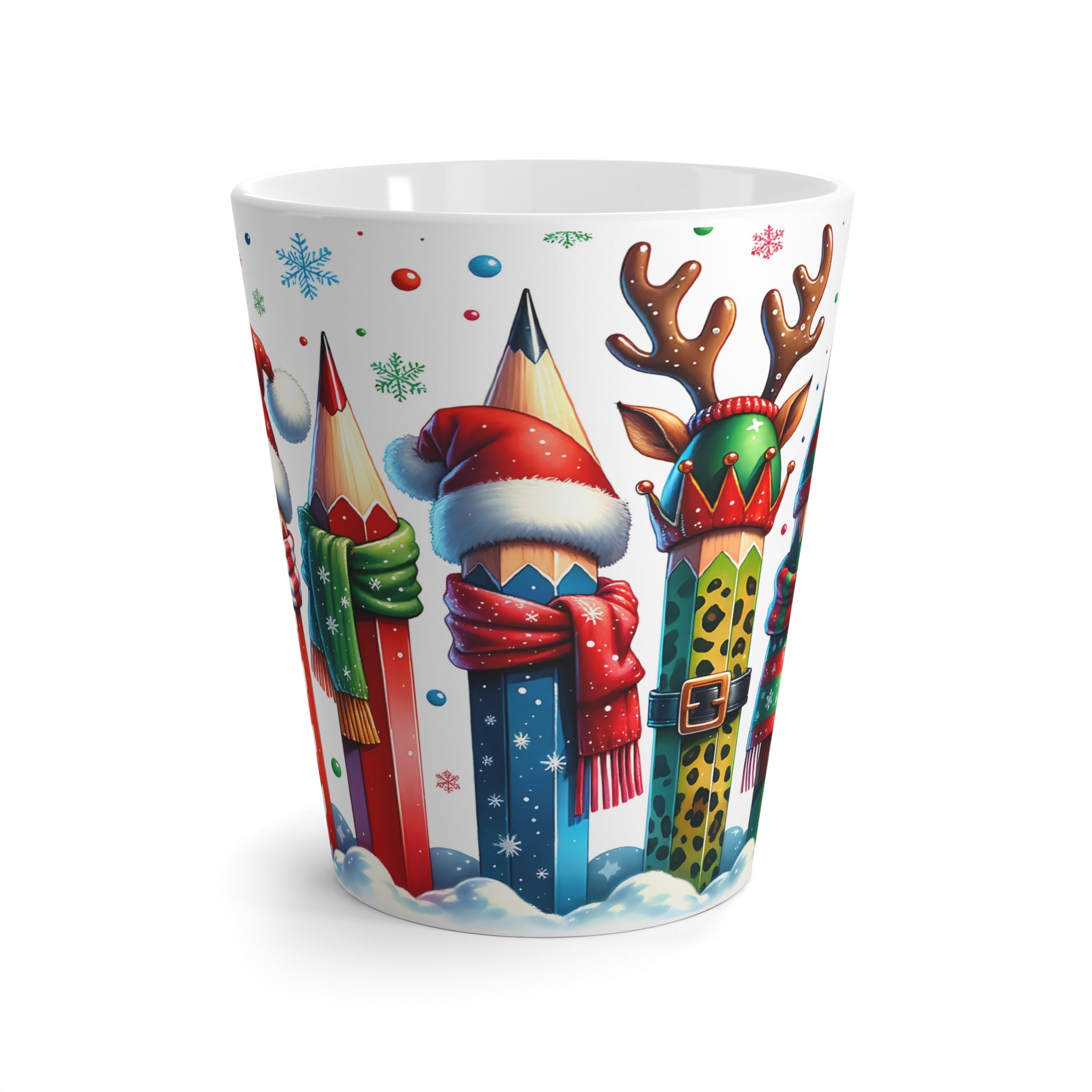 Festive Pencil Characters Latte Mug | Christmas Snowflake Teacher Holiday