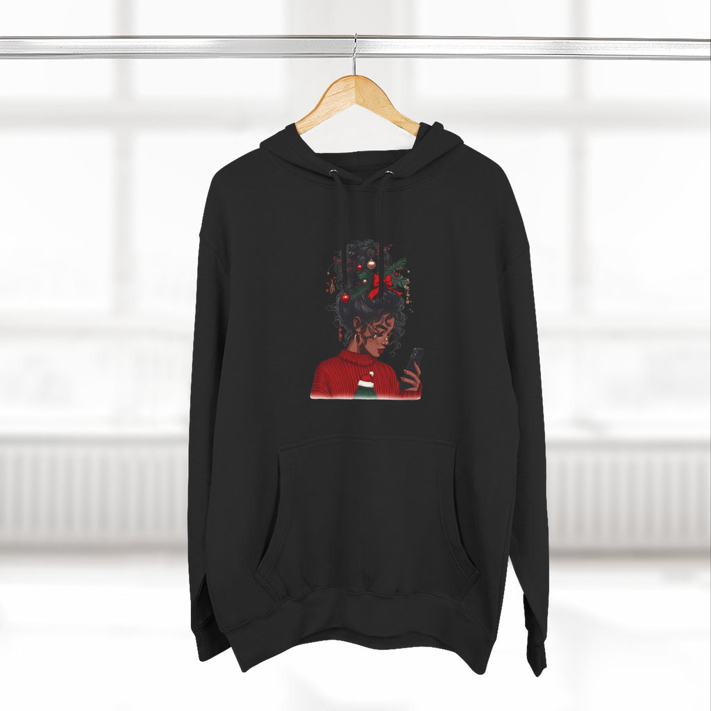 Afro Tech Girl Graphic Hoodie — Phone-Scrolling Illustration Fleece Hoodie
