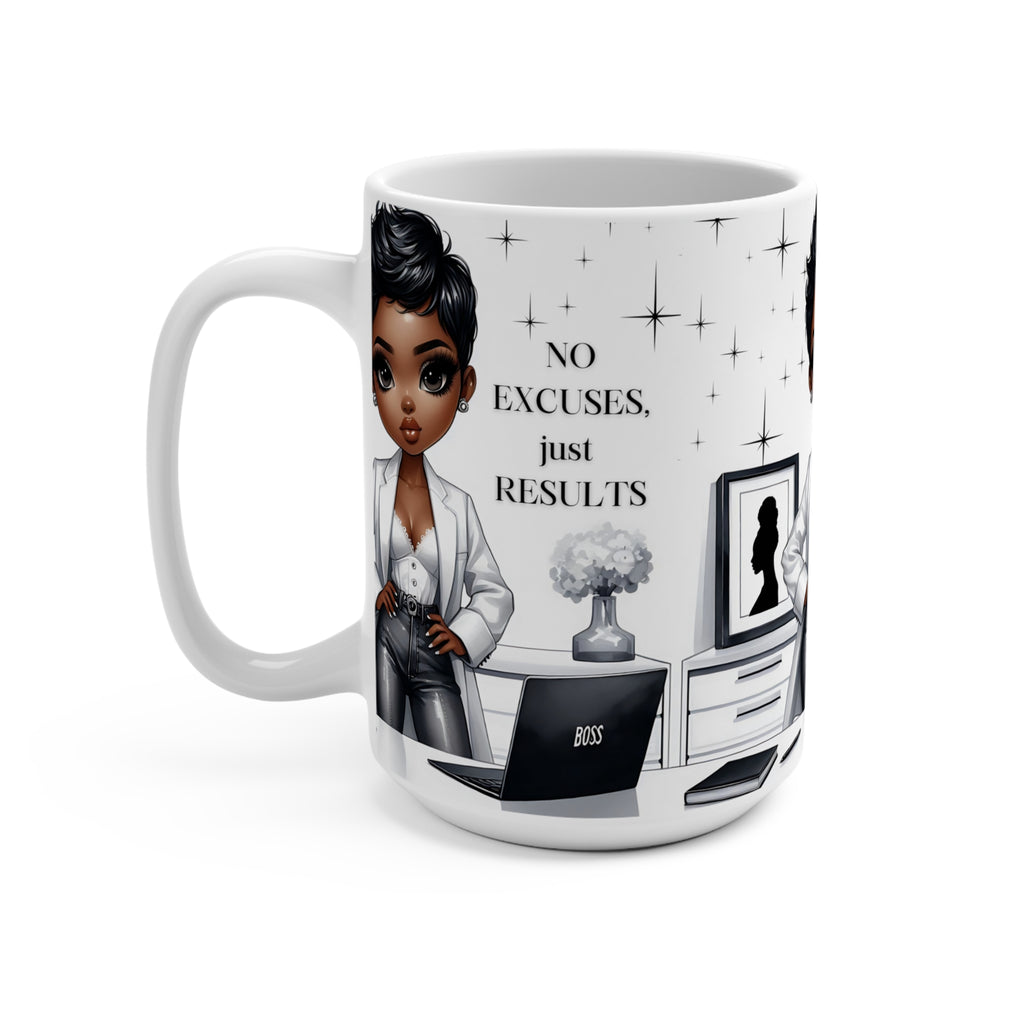 15oz Mug — 'No Excuses Just Results' Boss Lady Coffee Mug (Black Woman Entrepreneur)