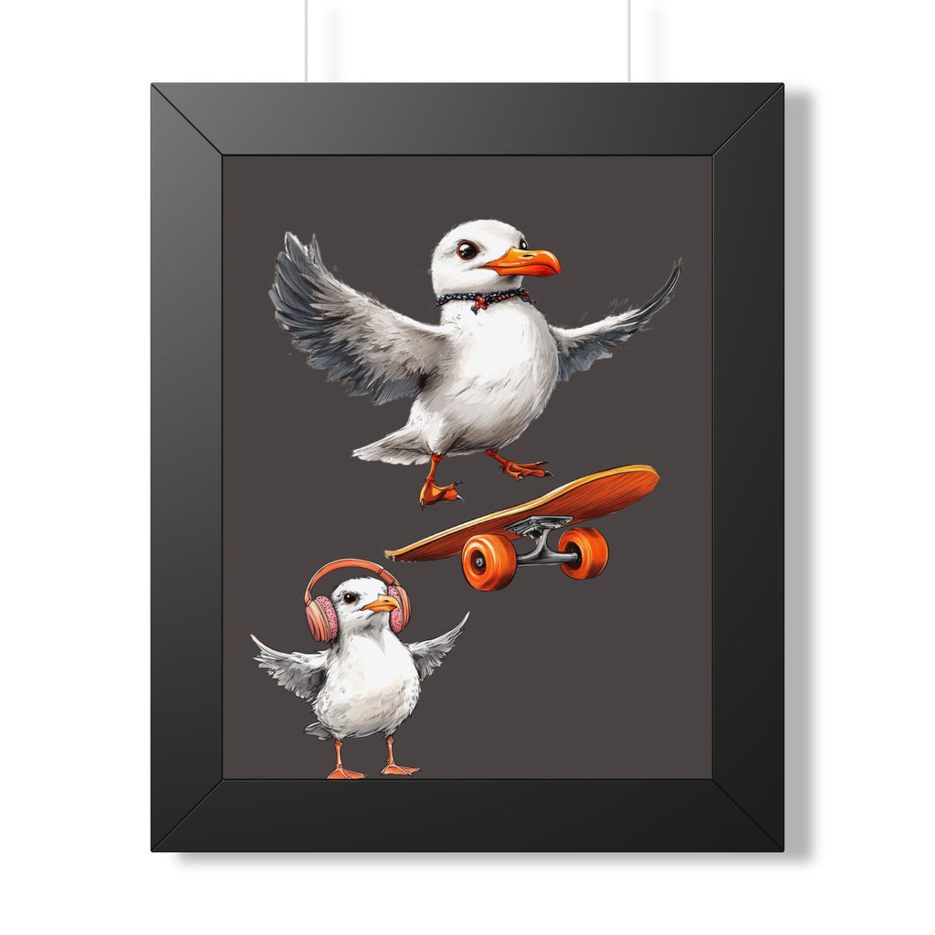 Skateboard Puffins Framed Poster — Coastal Skate Art for Walls