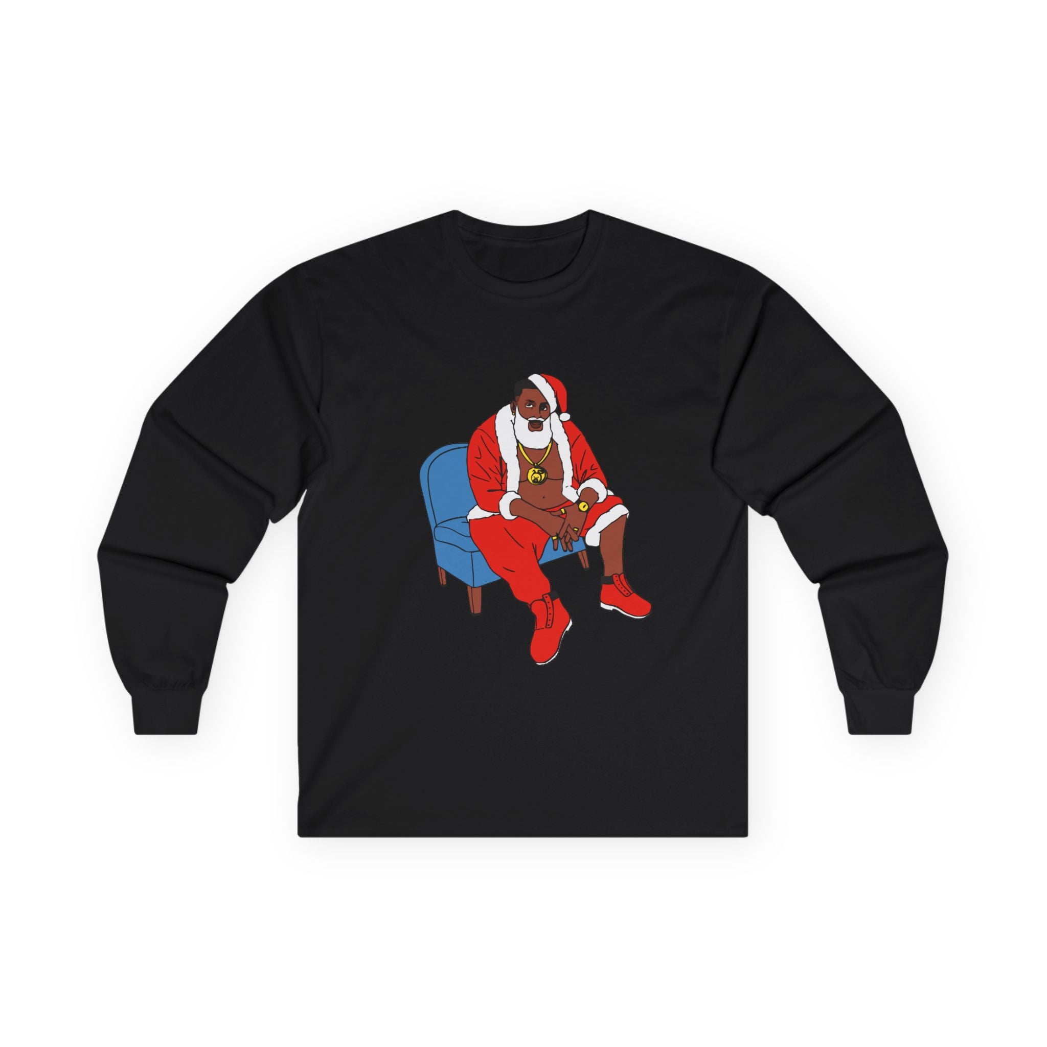 Santa Chill Long Sleeve Tee — Relaxed Black Santa Graphic Holiday Shirt