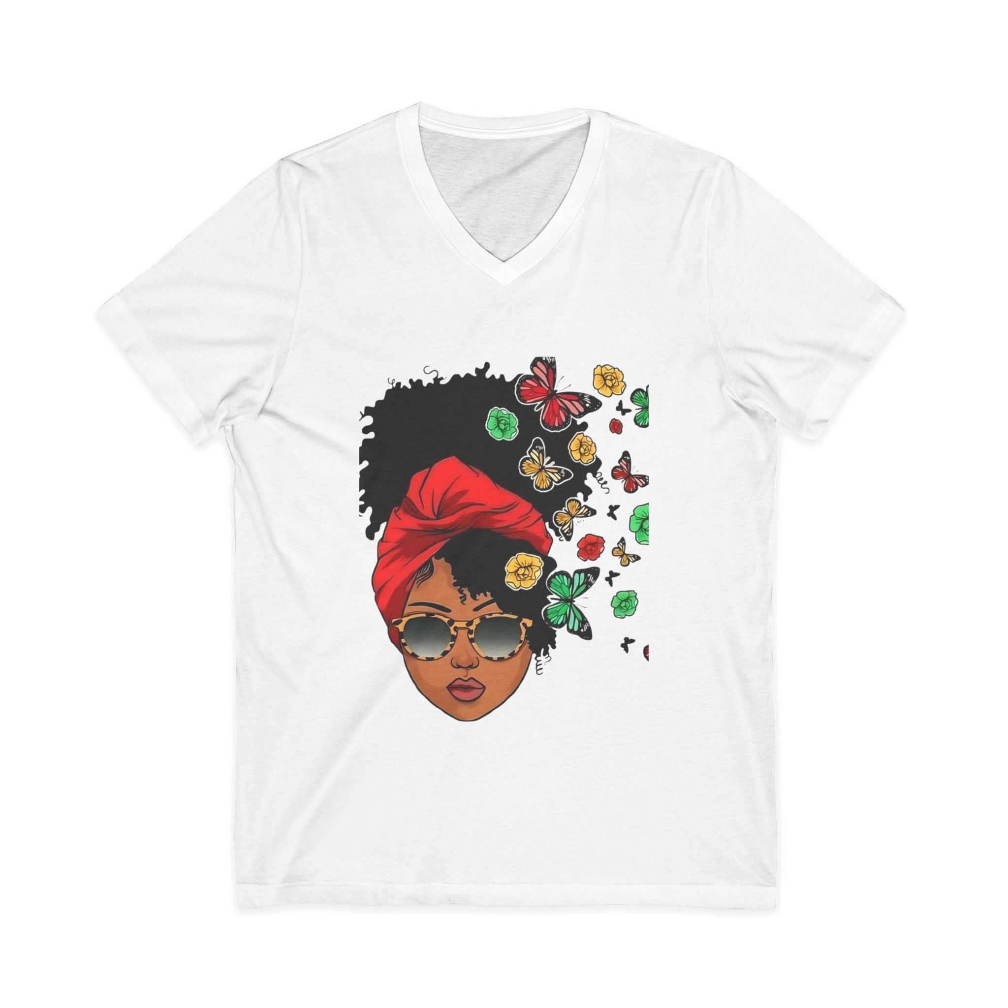 Afro Chic Floral V-Neck Tee – Black Woman Graphic Shirt, Melanin Queen Afrocentric Top, Boho Floral T-Shirt, Empowerment Gift for Her