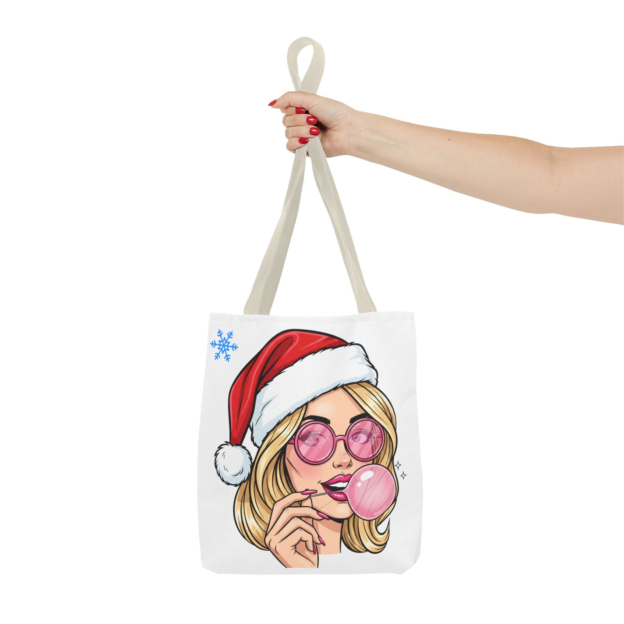 Christmas Babe Tote Bag — Retro Girl in Santa Hat with Bubblegum