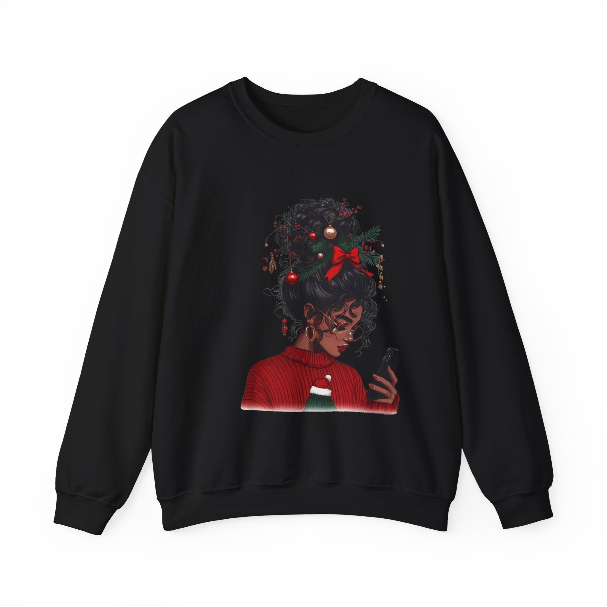 Christmas Afro Puff Girl Sweatshirt — Cozy Holiday Phone Texting Graphic Crewneck
