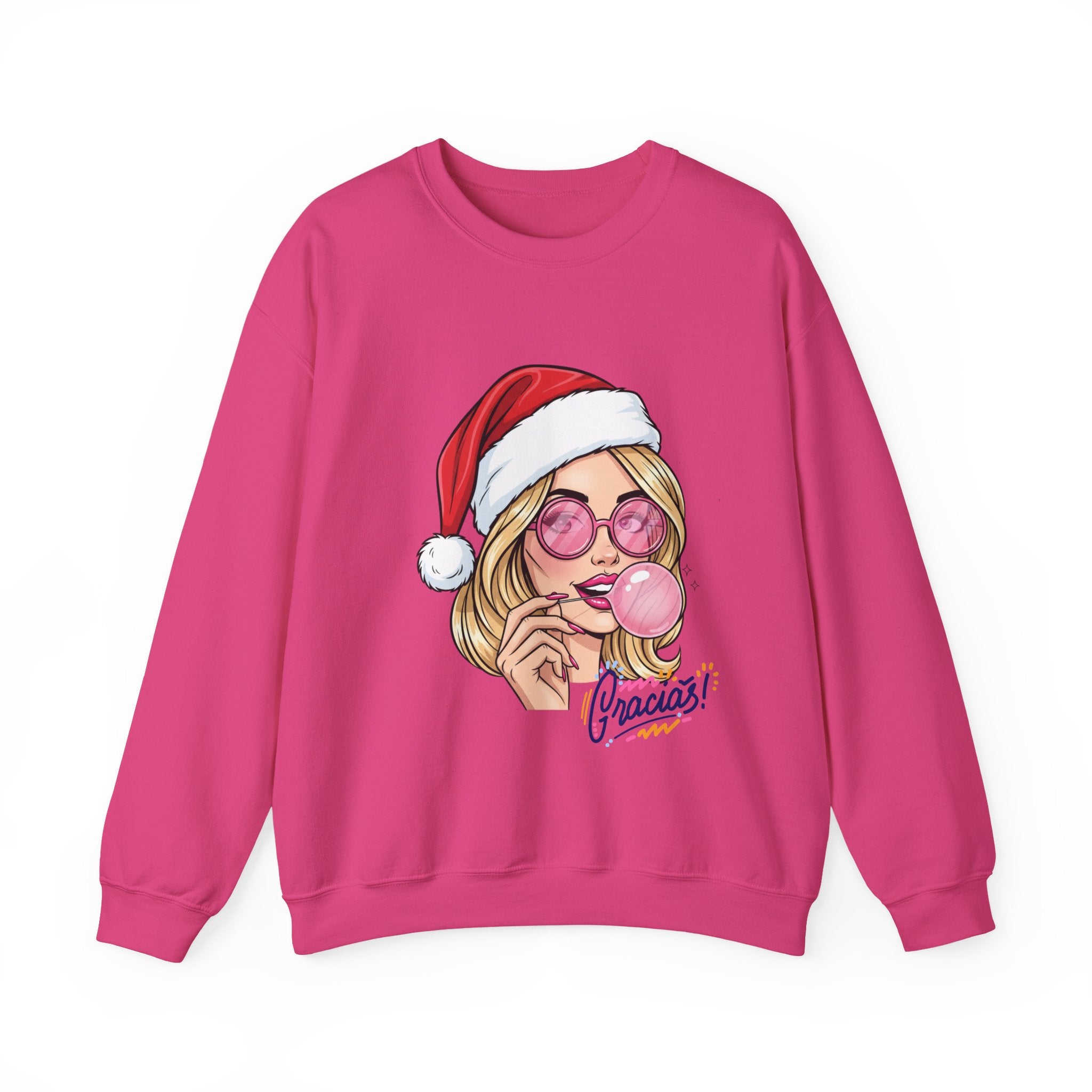 Bubblegum Girl in Santa Hat Crewneck Sweatshirt | Christmas Pop Art
