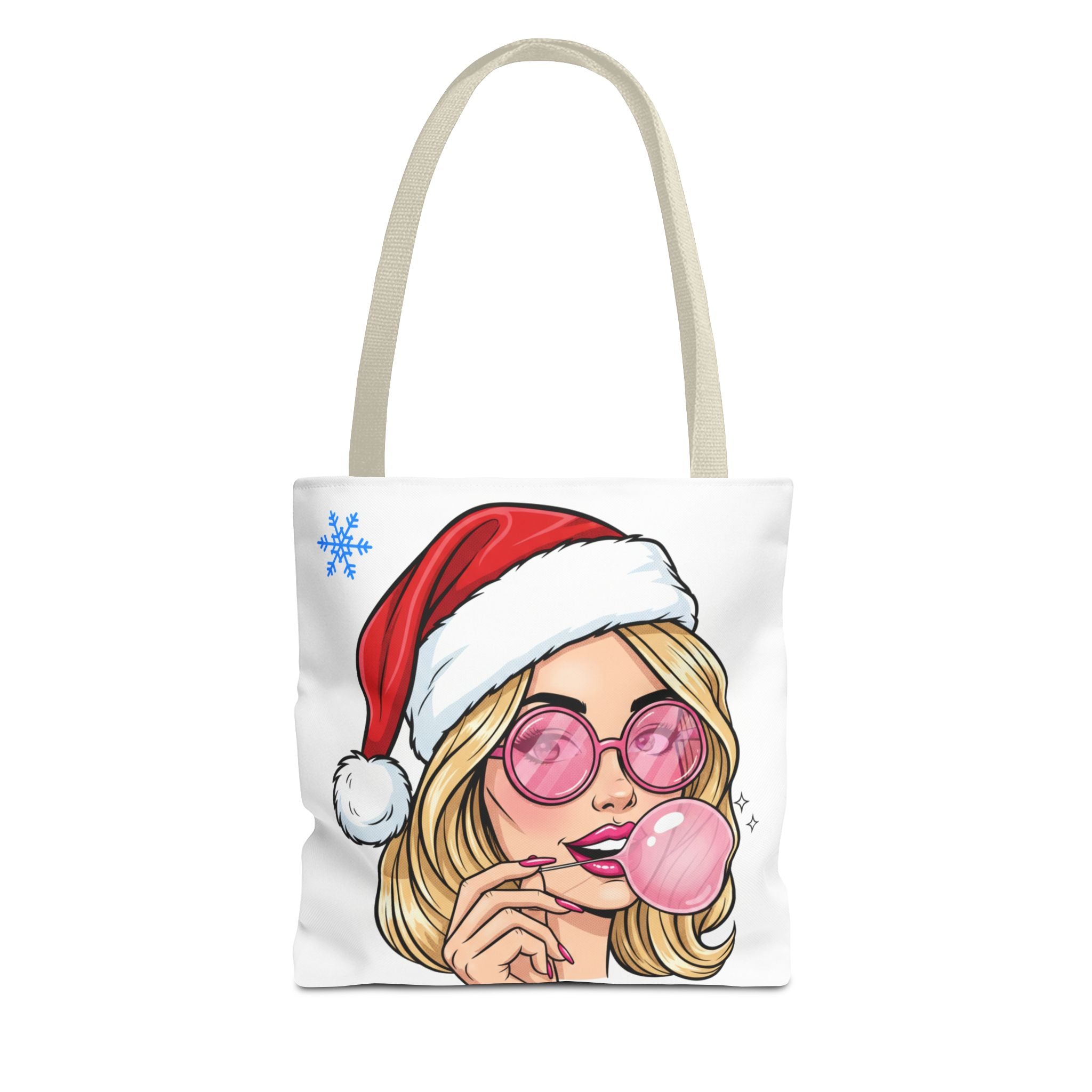 Christmas Babe Tote Bag — Retro Girl in Santa Hat with Bubblegum