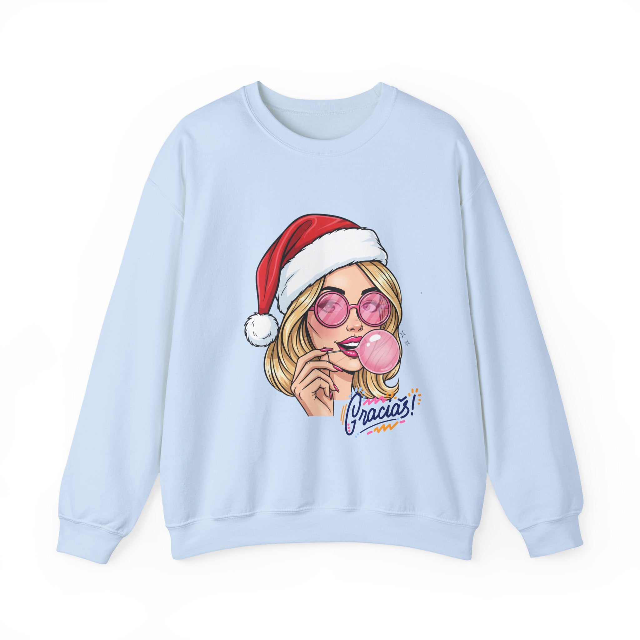 Bubblegum Girl in Santa Hat Crewneck Sweatshirt | Christmas Pop Art