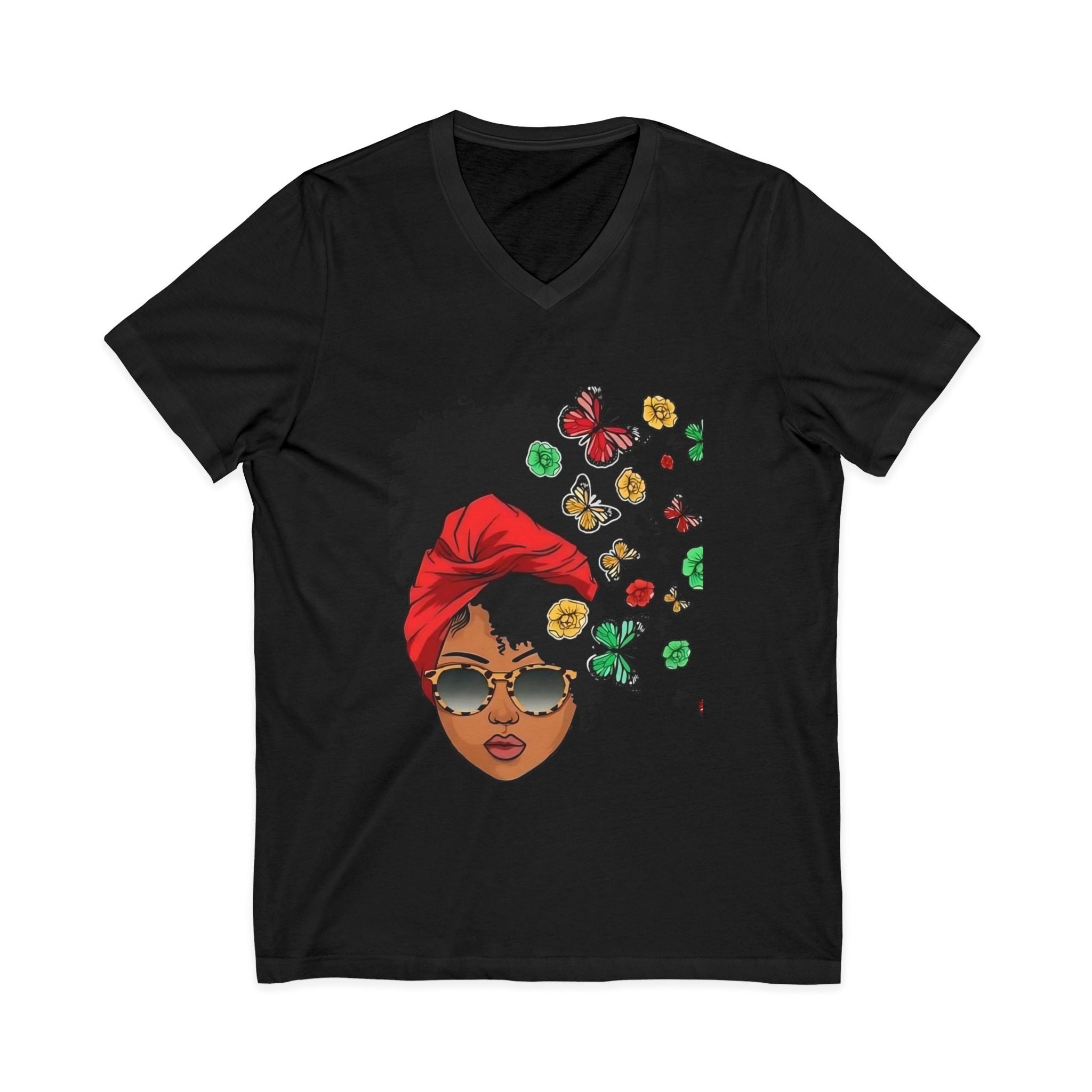 Afro Chic Floral V-Neck Tee – Black Woman Graphic Shirt, Melanin Queen Afrocentric Top, Boho Floral T-Shirt, Empowerment Gift for Her