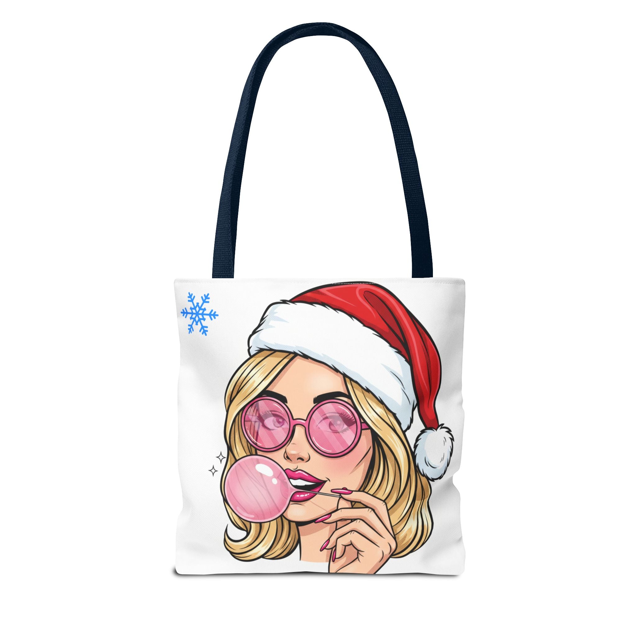 Christmas Babe Tote Bag — Retro Girl in Santa Hat with Bubblegum