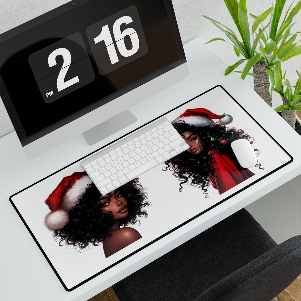 Afro Black Lady Santa Desk Mat — Holiday Desk Mat with Festive Afrocentric Design