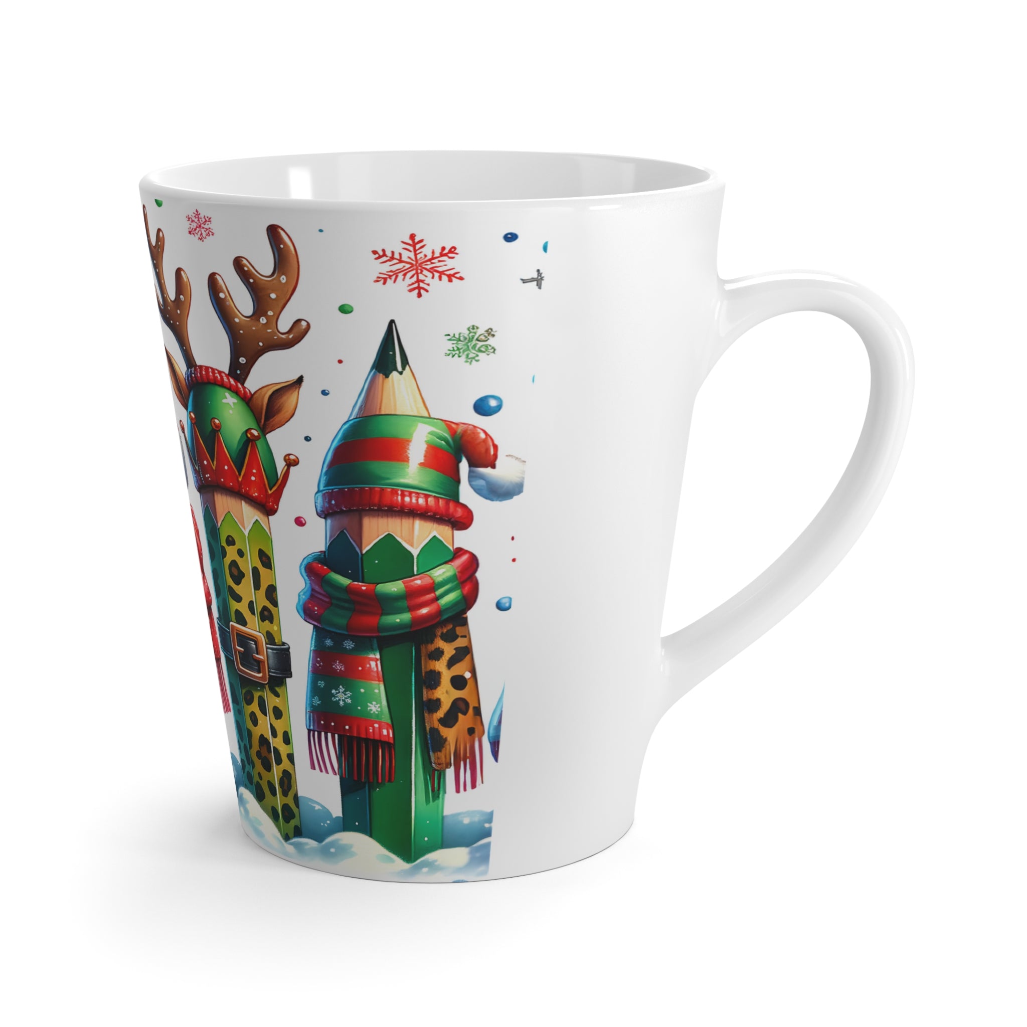 Festive Pencil Characters Latte Mug | Christmas Snowflake Teacher Holiday