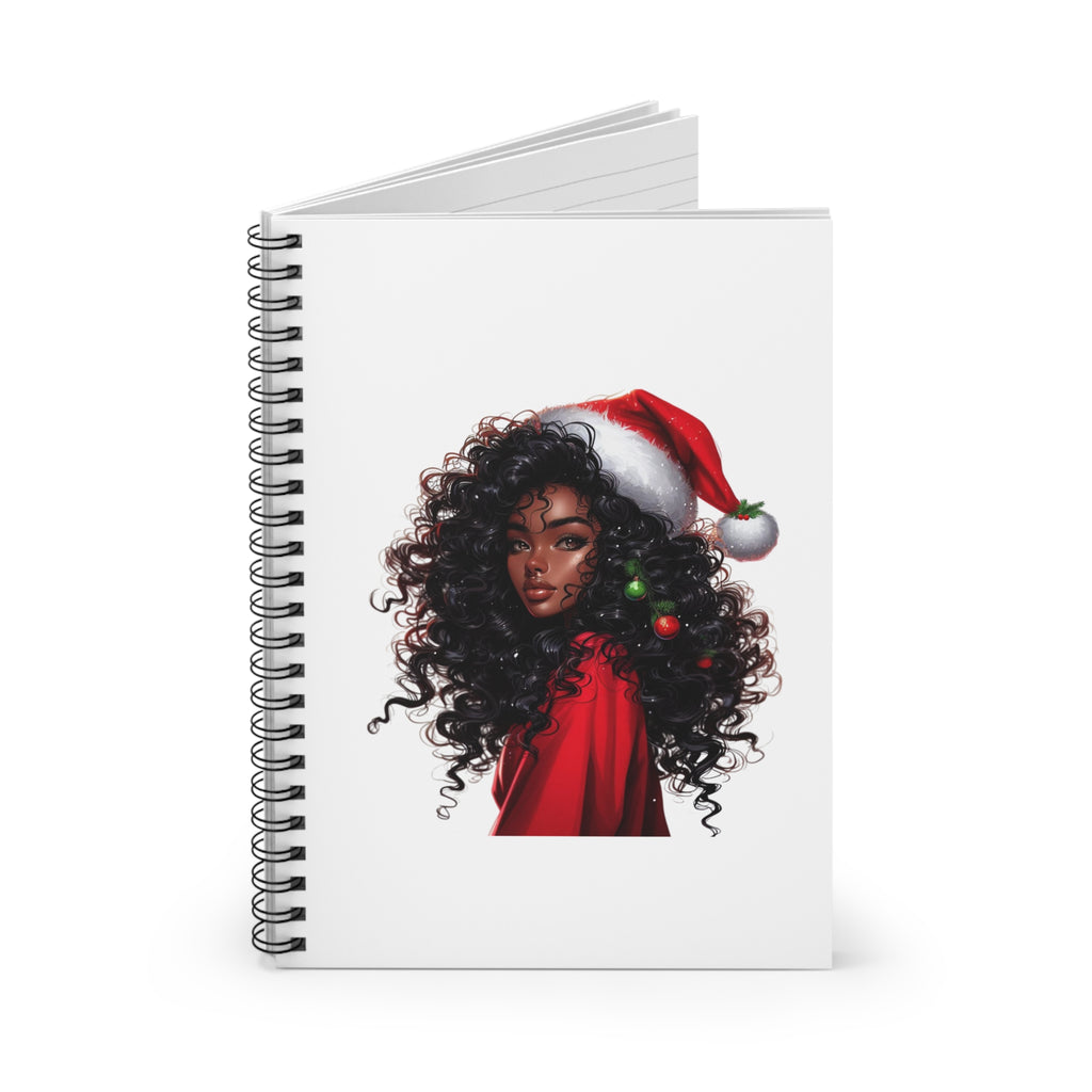 Holiday Curly Hair Notebook — Black Woman in Santa Hat Spiral Journal (Ruled)