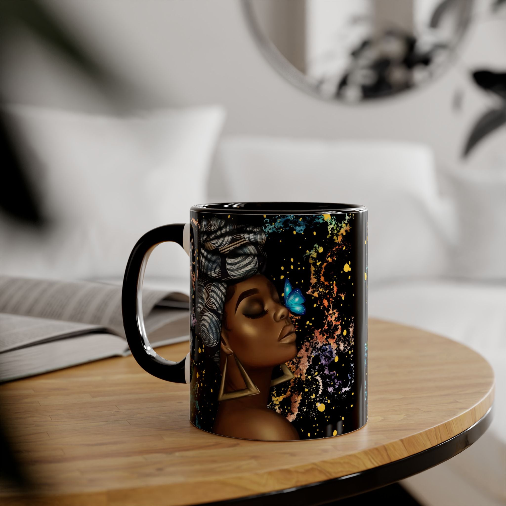 Black Butterfly Goddess Accent Mug — 11oz Ceramic Coffee Cup for Women