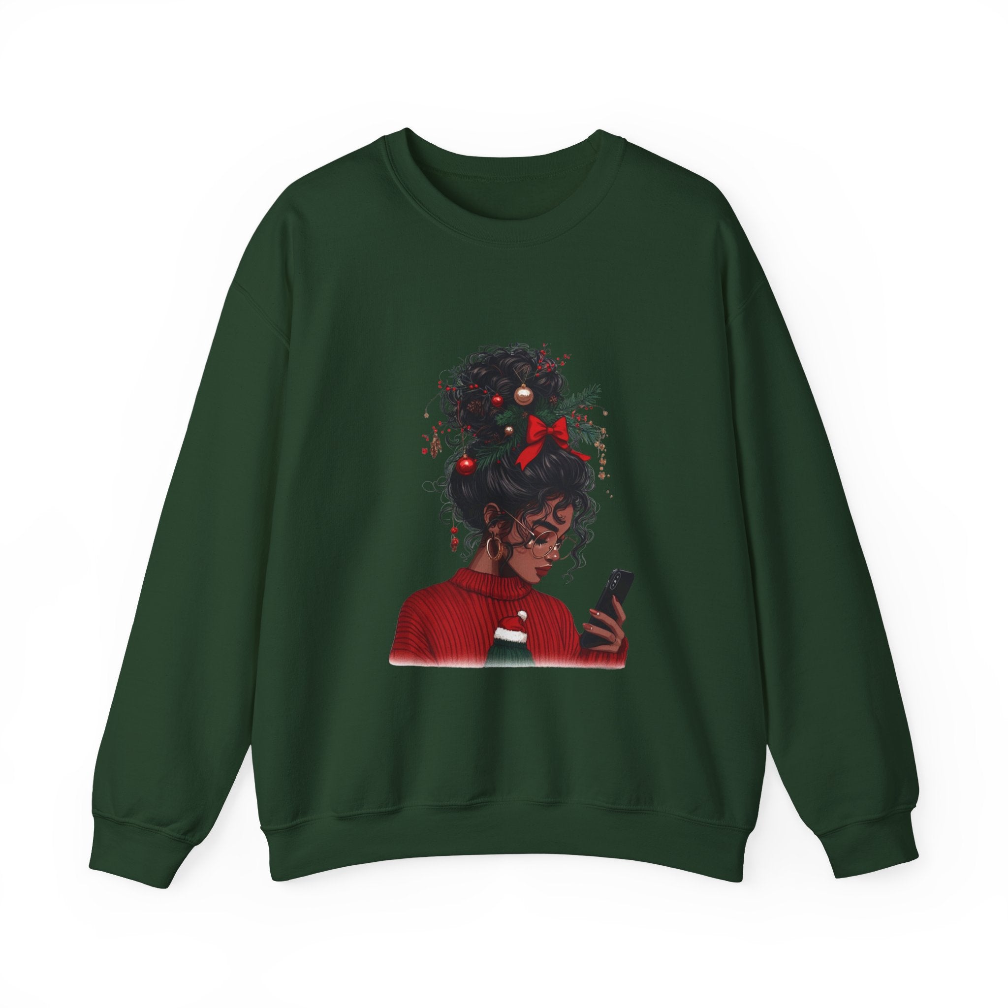 Black Woman with Holiday Hair Bow sweatshirt | Cozy Christmas sweater | Merry Christmas Afro Sweatshirt, African American Girl