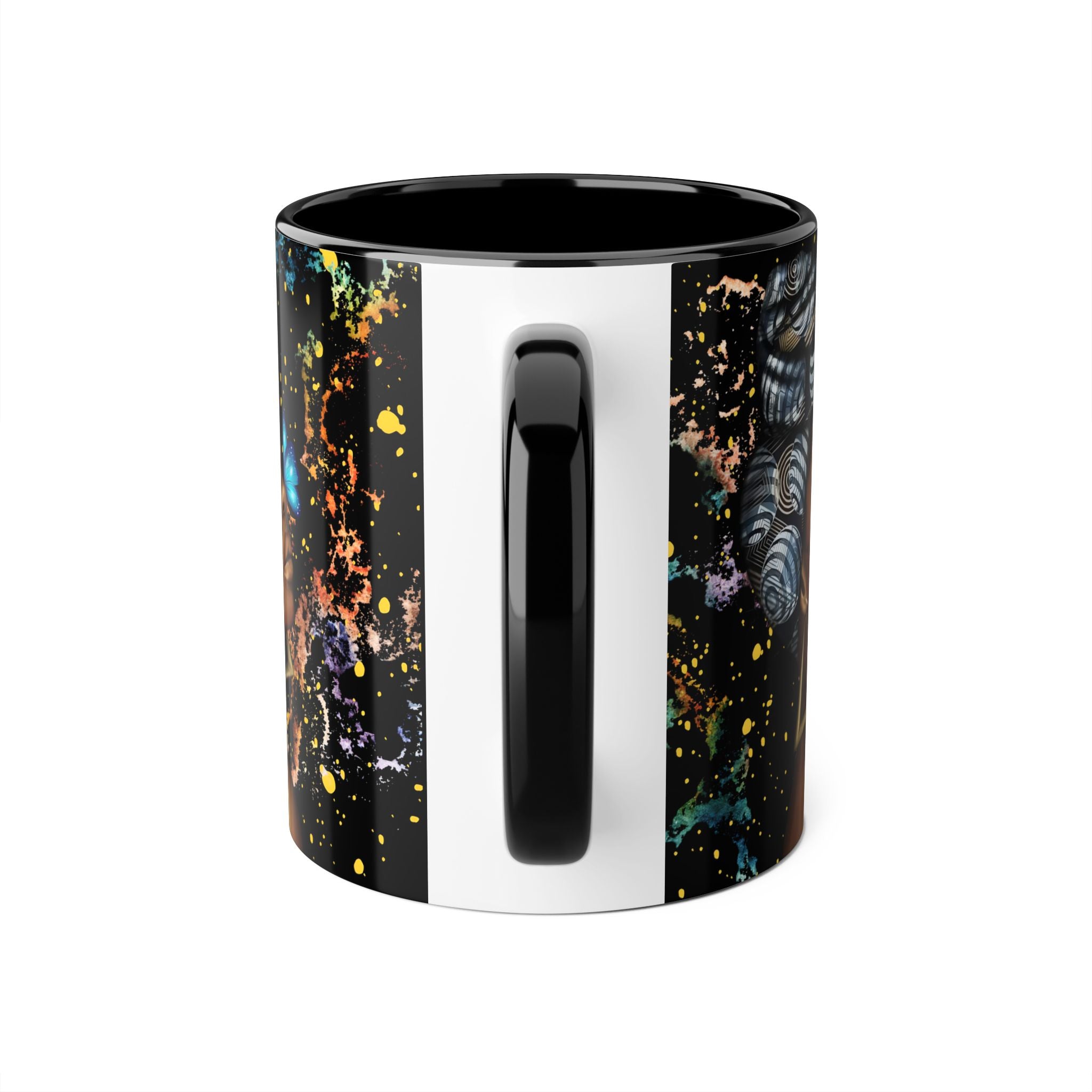 Black Butterfly Goddess Accent Mug — 11oz Ceramic Coffee Cup for Women