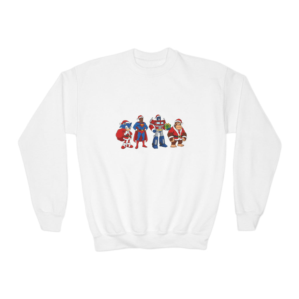 Youth Crewneck Sweatshirt — Cute Cartoon Santa & Friends Holiday Graphic