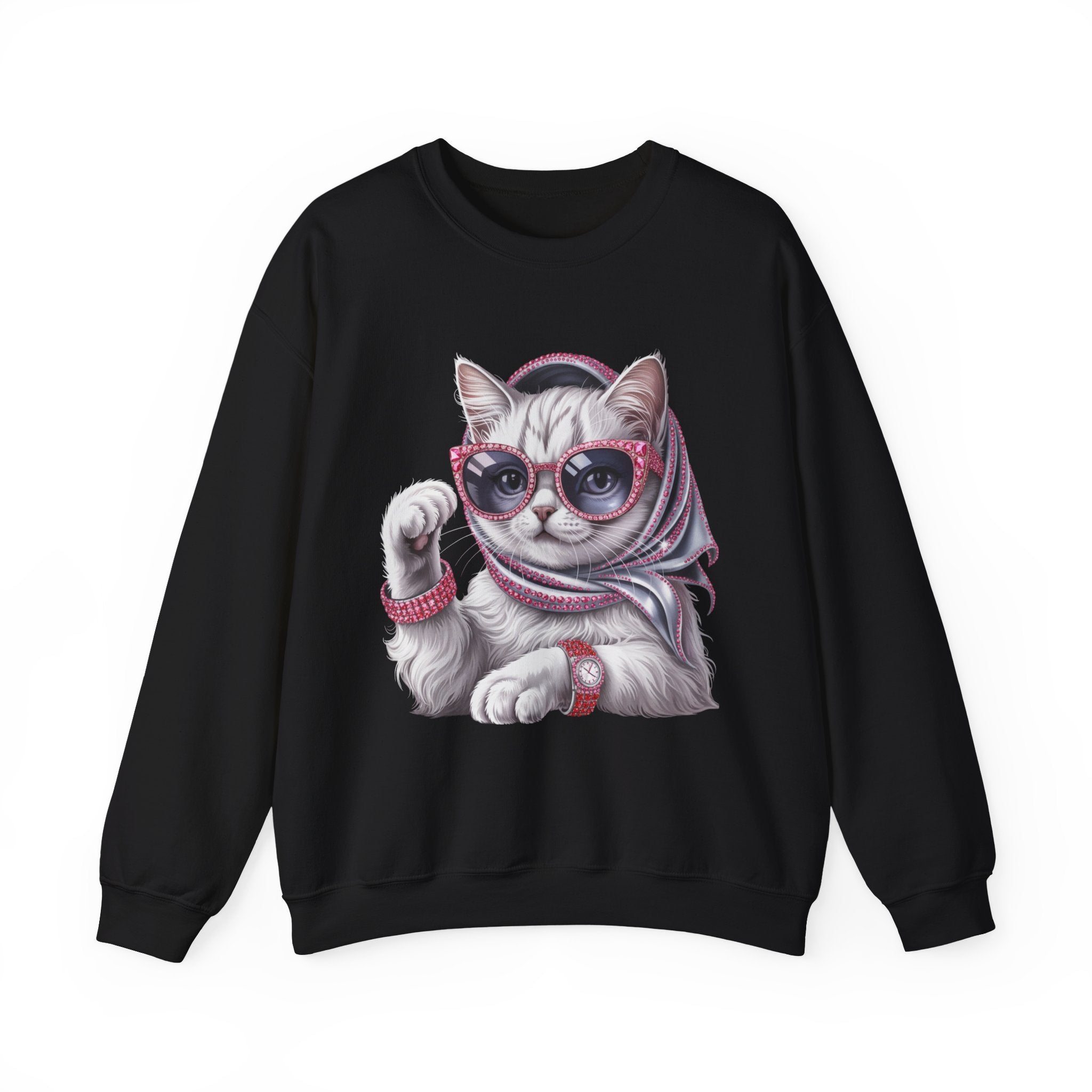Retro Chic Cat Crewneck Sweatshirt — Stylish Sunglasses & Scarf Cat Graphic