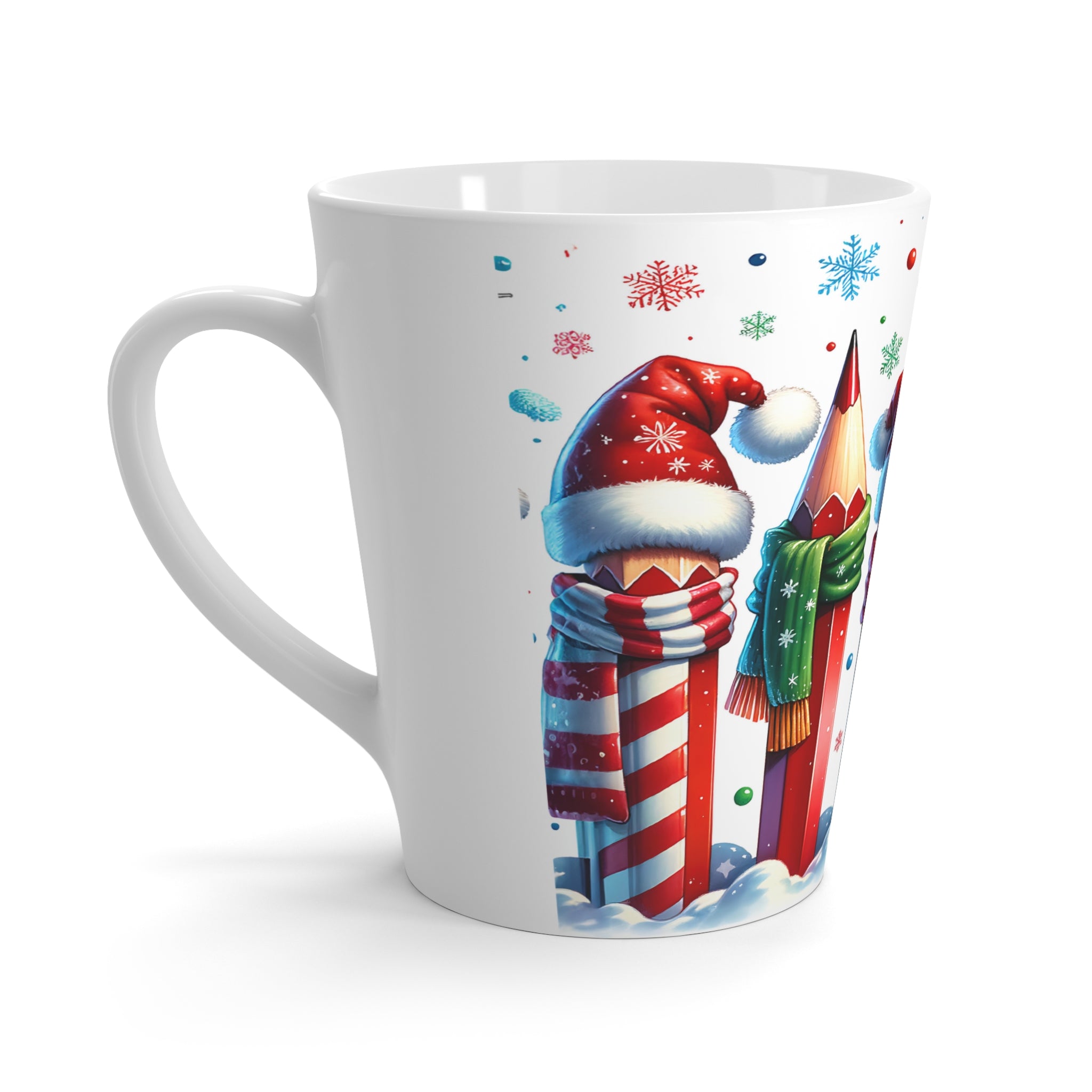 Festive Pencil Characters Latte Mug | Christmas Snowflake Teacher Holiday