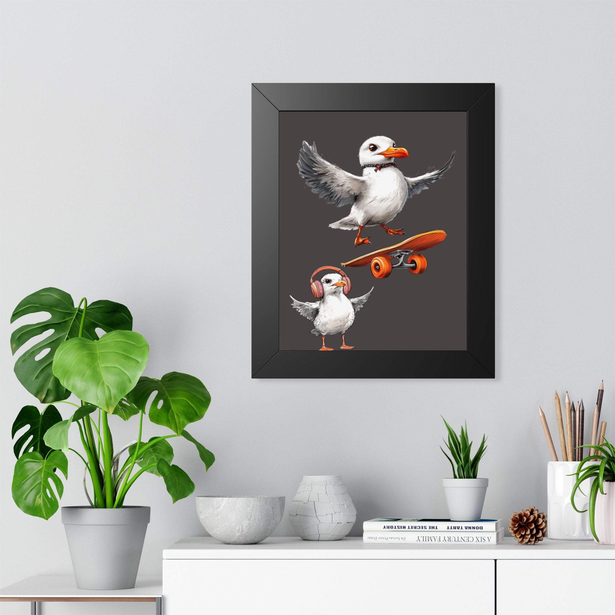 Skateboard Puffins Framed Poster — Coastal Skate Art for Walls