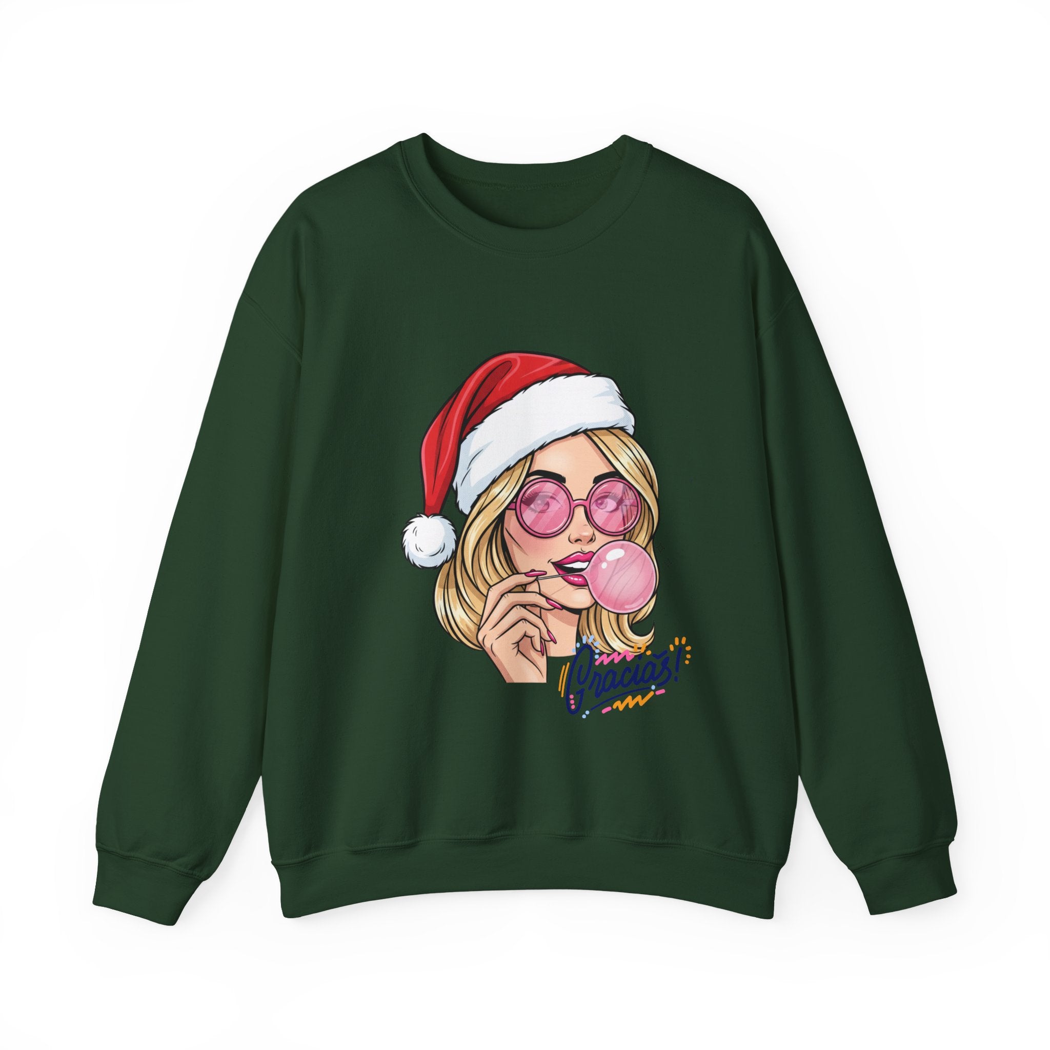 Bubblegum Girl in Santa Hat Crewneck Sweatshirt | Christmas Pop Art