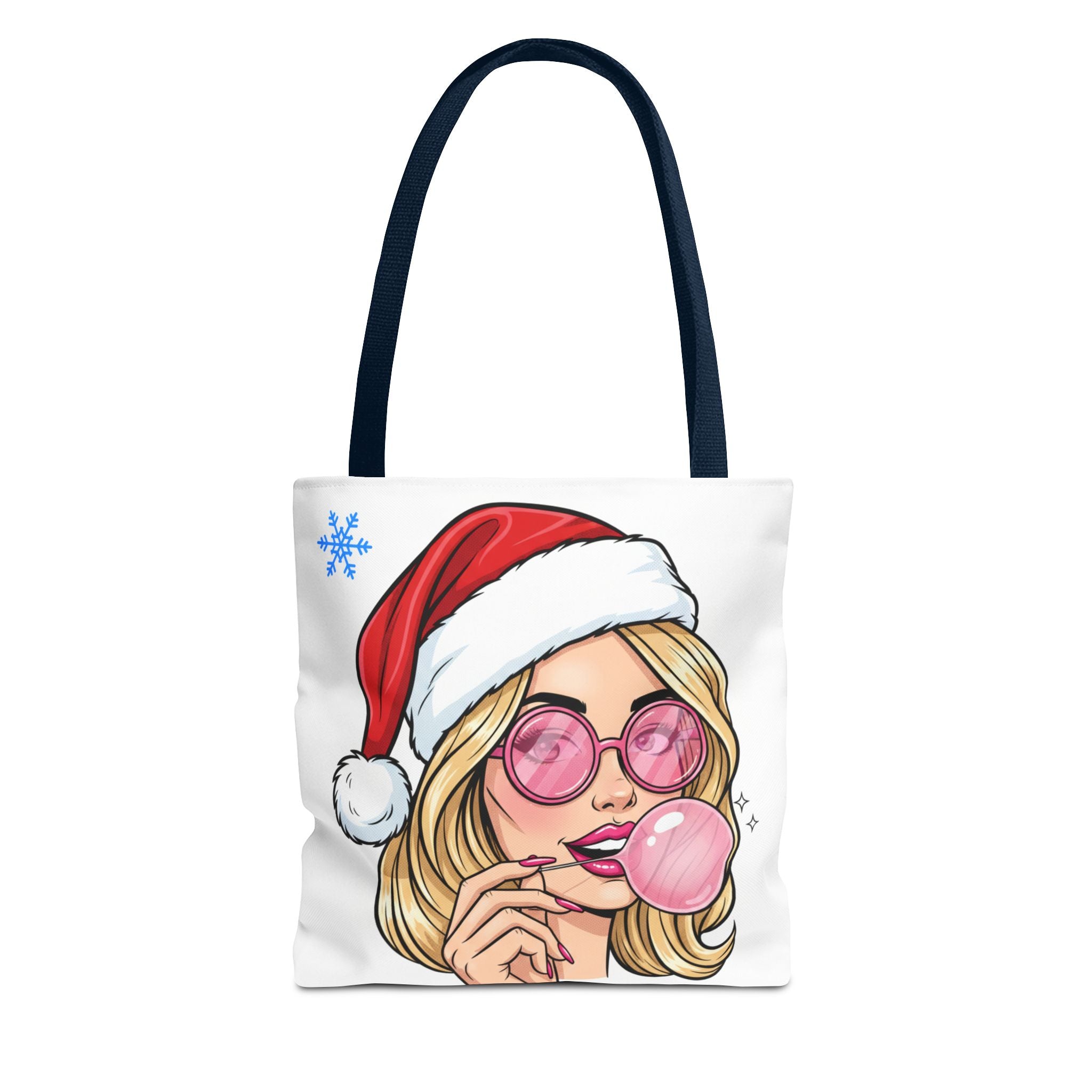 Christmas Babe Tote Bag — Retro Girl in Santa Hat with Bubblegum