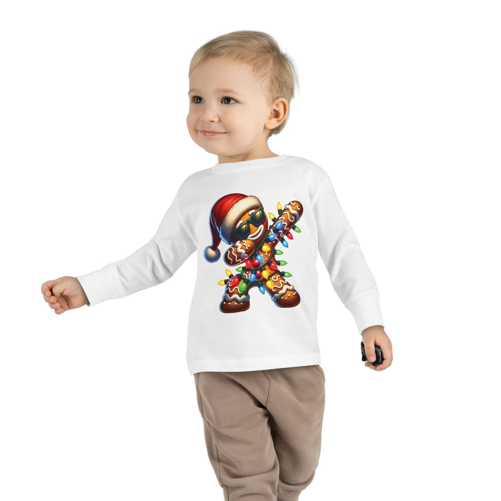 Dabbing Gingerbread Cookie Toddler Long Sleeve Tee | Christmas Santa Hat Lights