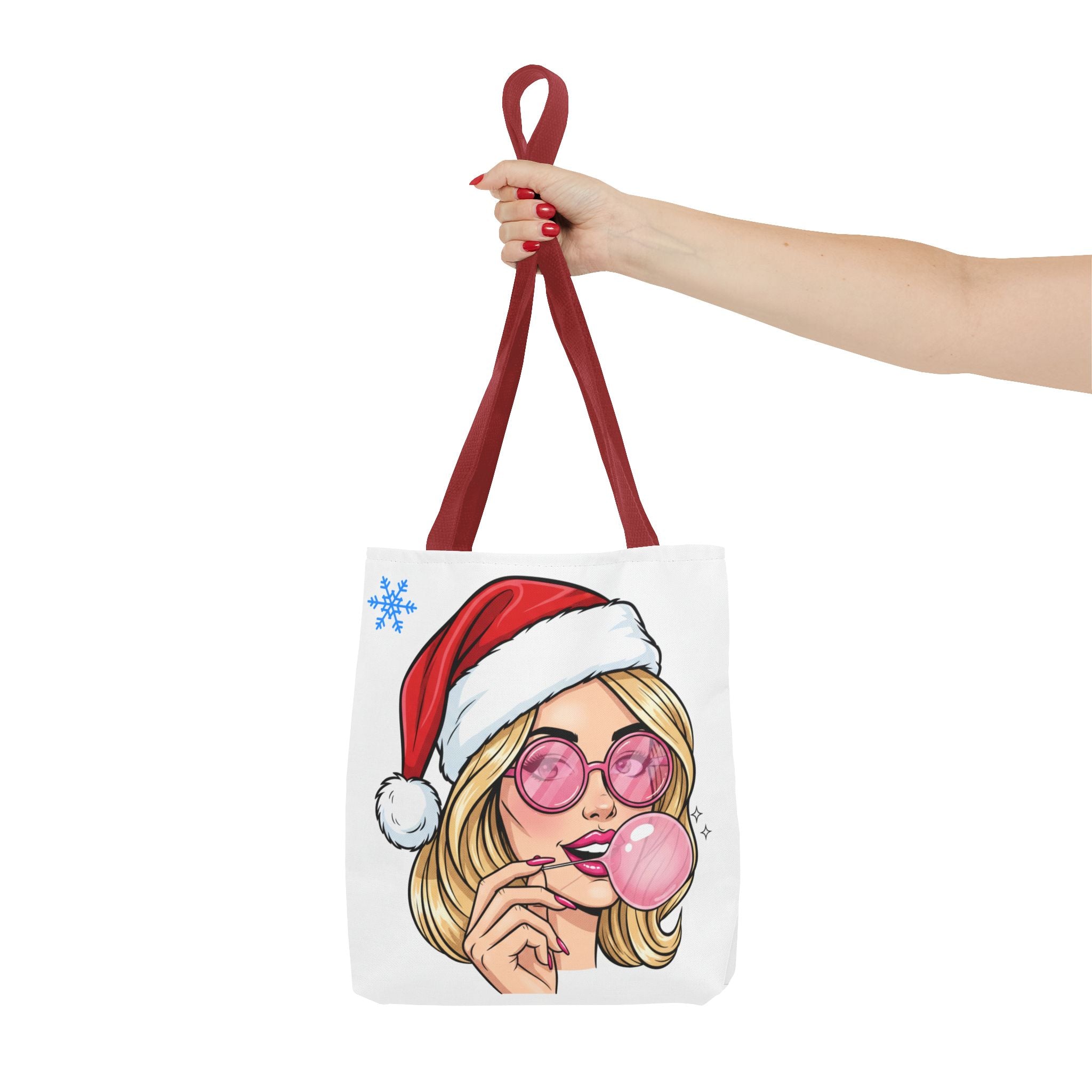 Christmas Babe Tote Bag — Retro Girl in Santa Hat with Bubblegum