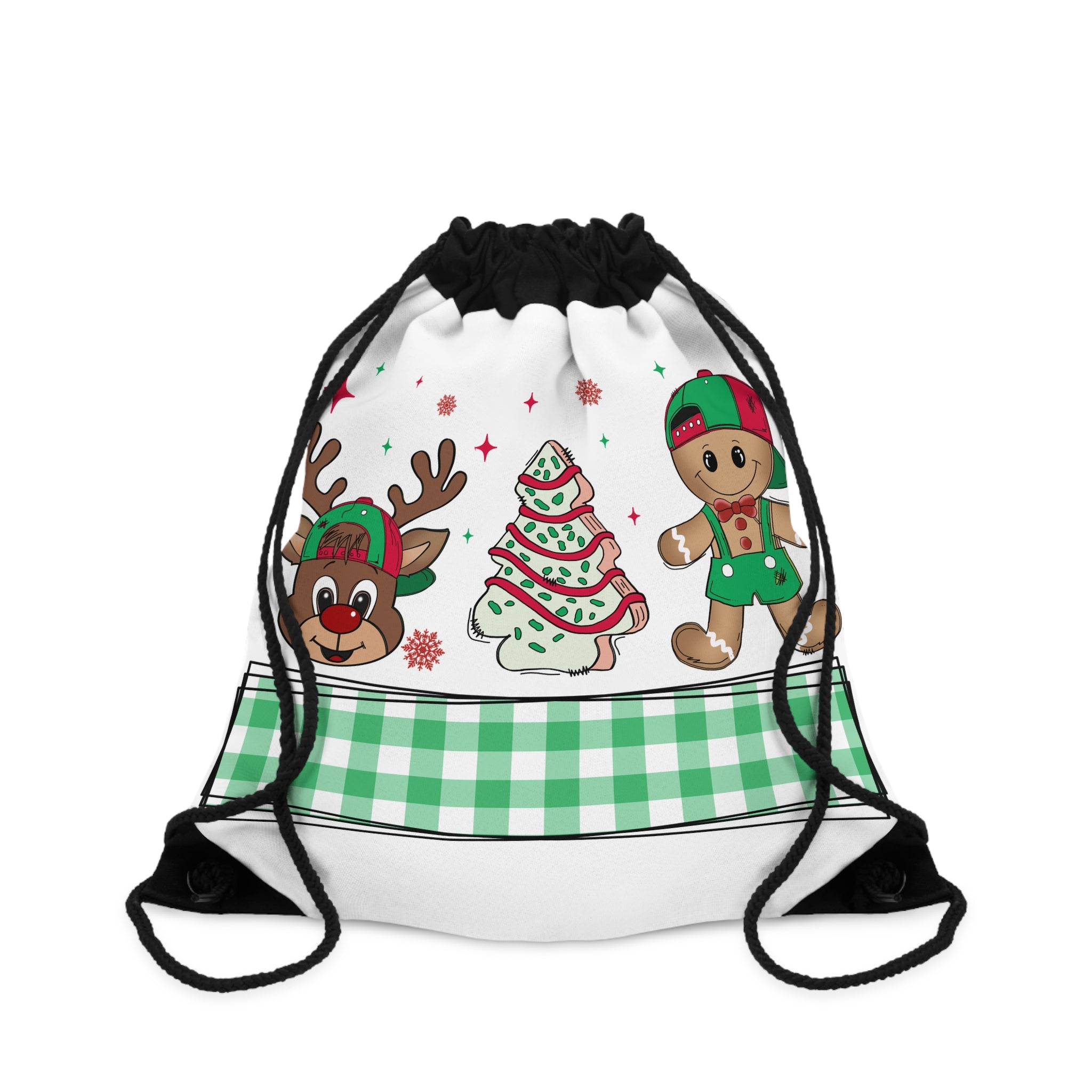Christmas Reindeer & Gingerbread Drawstring Bag — Holiday Tree Pattern