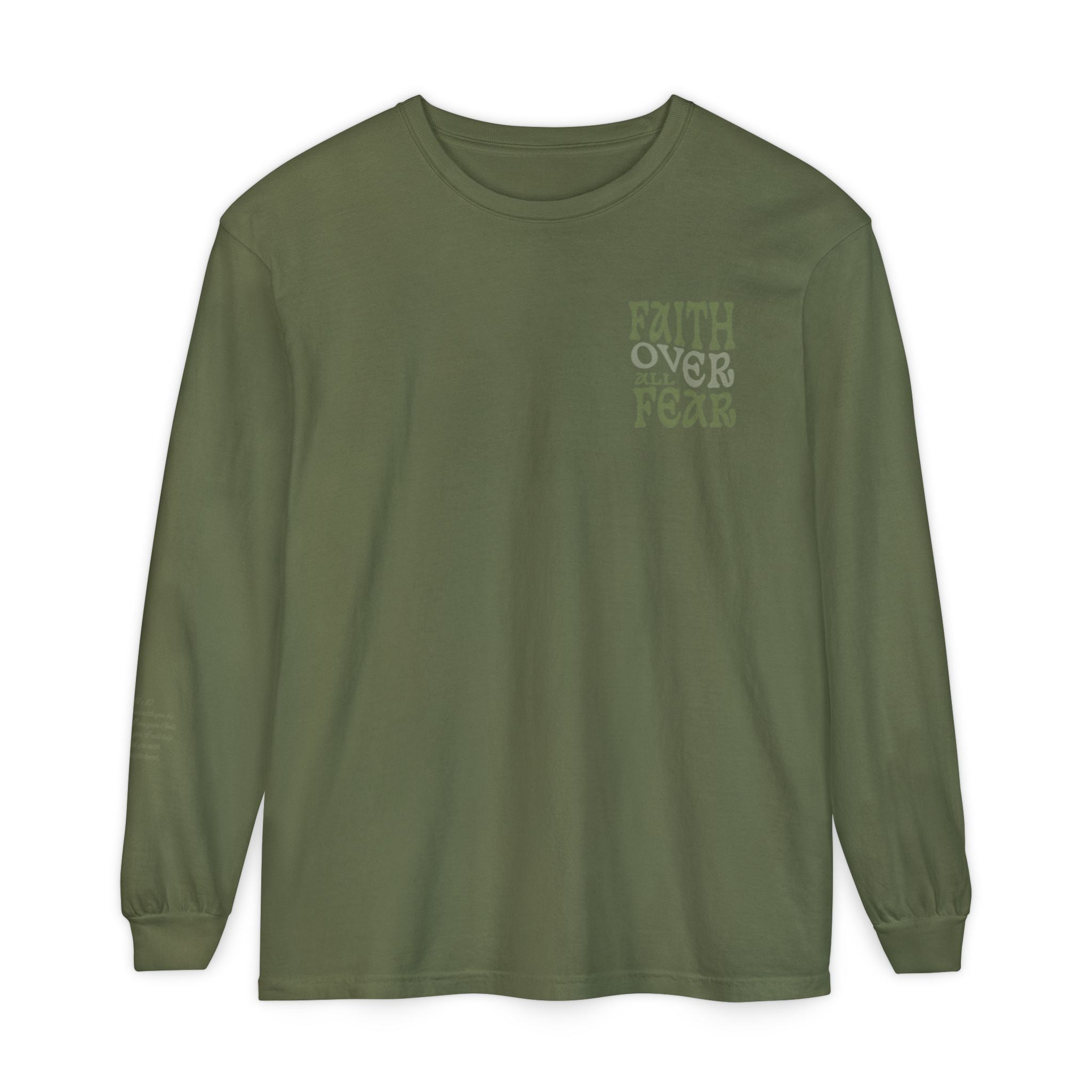 Faith Over All Fear Long Sleeve Tee — Inspirational Christian Graphic Shirt