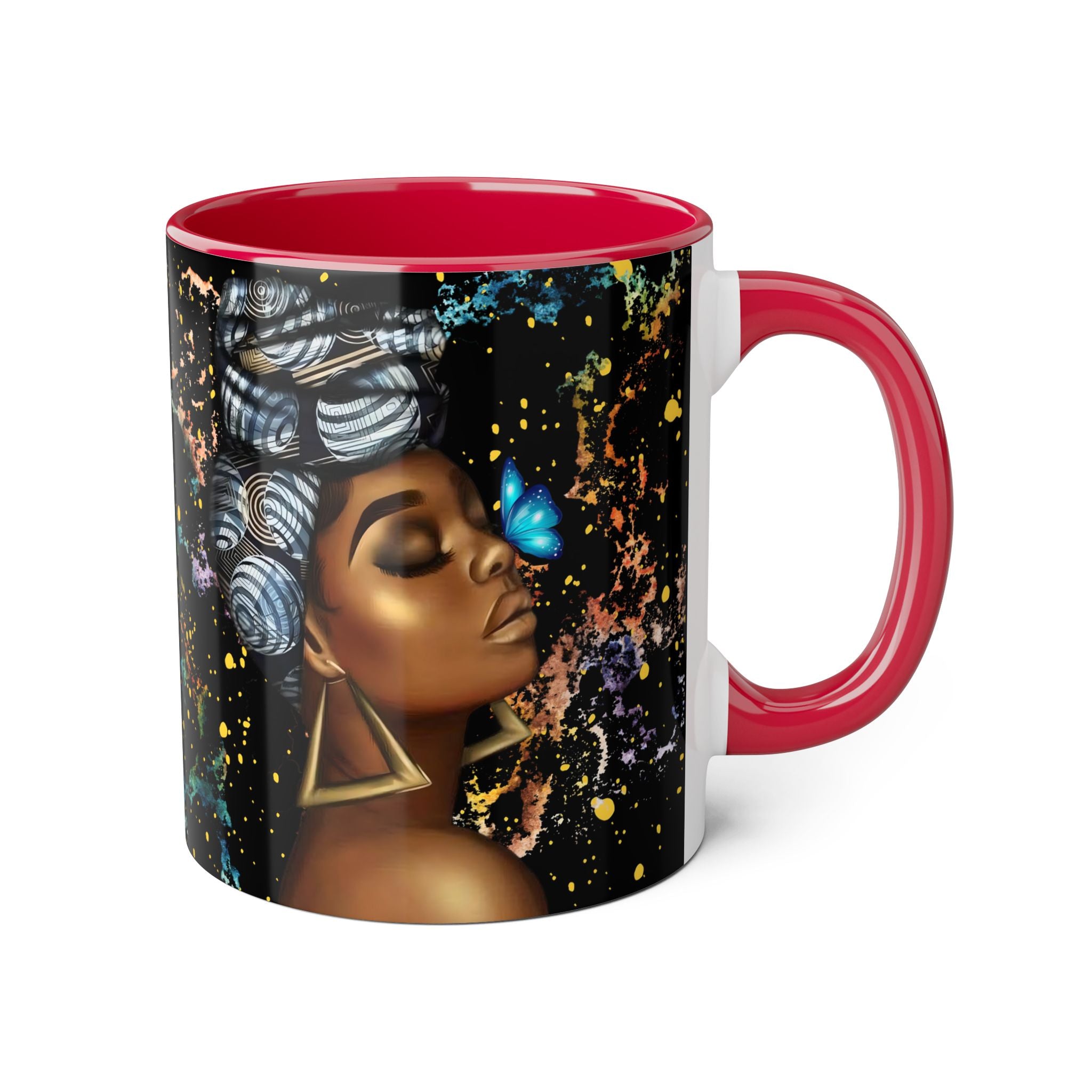 Black Butterfly Goddess Accent Mug — 11oz Ceramic Coffee Cup for Women
