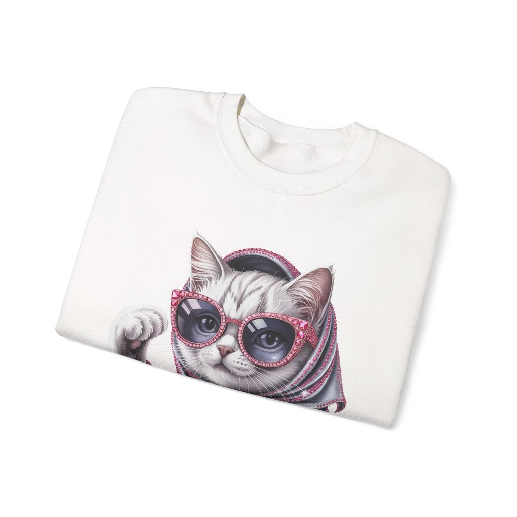 Retro Chic Cat Crewneck Sweatshirt — Stylish Sunglasses & Scarf Cat Graphic